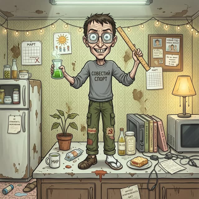 Крупный план, комичная иллюстрация. Худой, злой русский ботан в разбитых и заклеенных изолентой очках стоит во весь рост на кухонном столе посреди разгромленной квартиры. У него выражение лица сумасшедшего учёного. На обоях в комнате смешные коричневые узоры и пятна. Цифровой арт, экспрессивный дизайн персонажа, чёрный юмор.