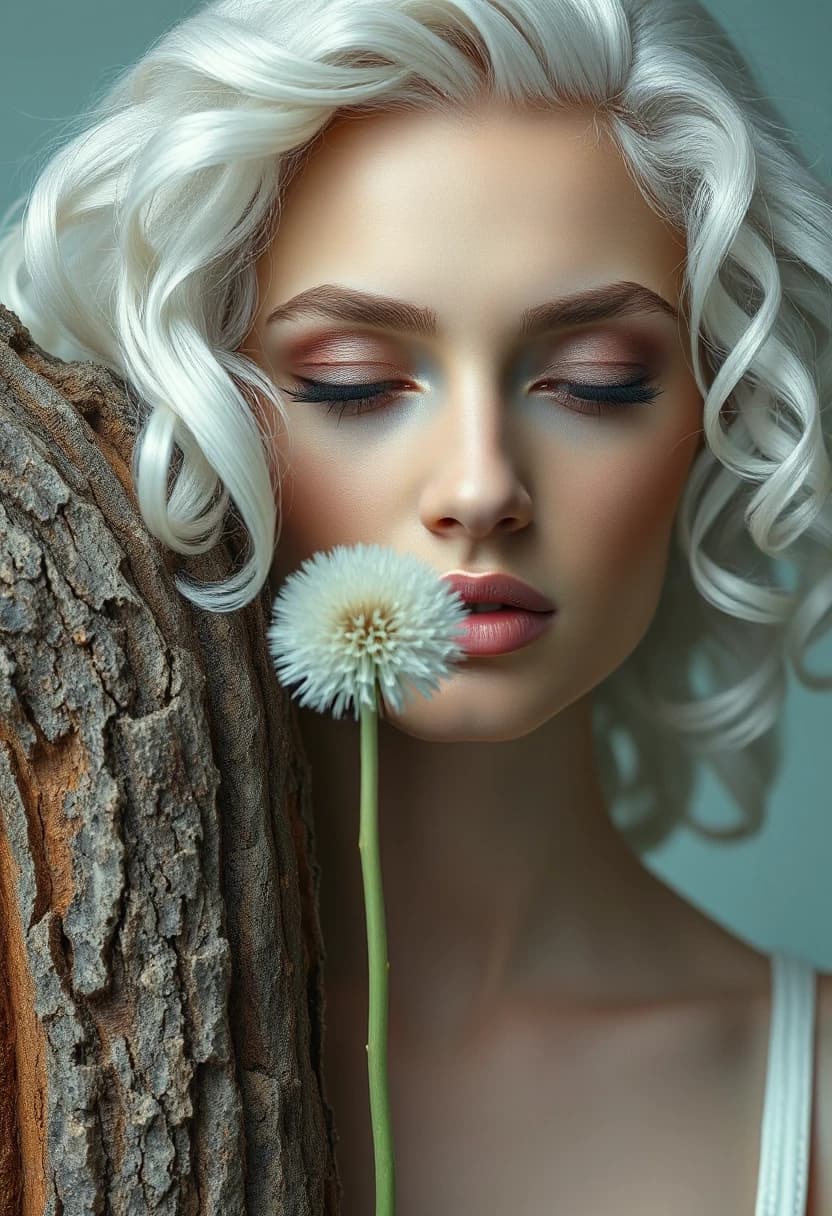 Description: Photorealistic detailed concept art in a minimalist style, various textures, stone and bark, aesthetic, attractive white albino woman looking down, mint lips, conceptual mint color and white, recording, really huge white hair curly hair white dandelion, perforated pages, French hairstyle, woman and giant mint crescent moon, mint background.
