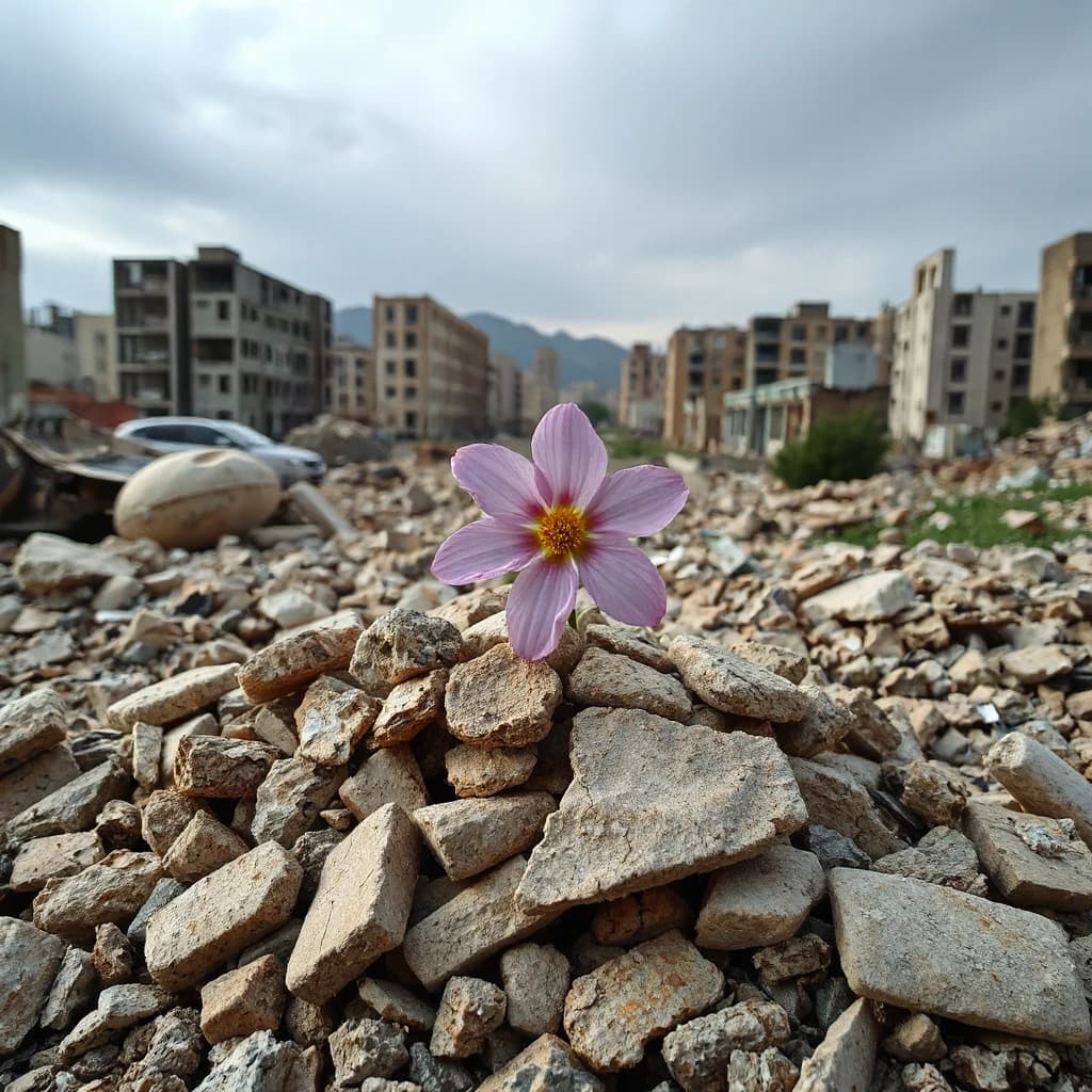 a pink flower sitting on top of a pile of rubble, in a ruined cityscape, life and death, amazing contrasting background, by Wu Wei, by Weiwei, contrast picture, techno-optimism, the world between death and life, sense of hope, destroyed nature, rule of thirds composition