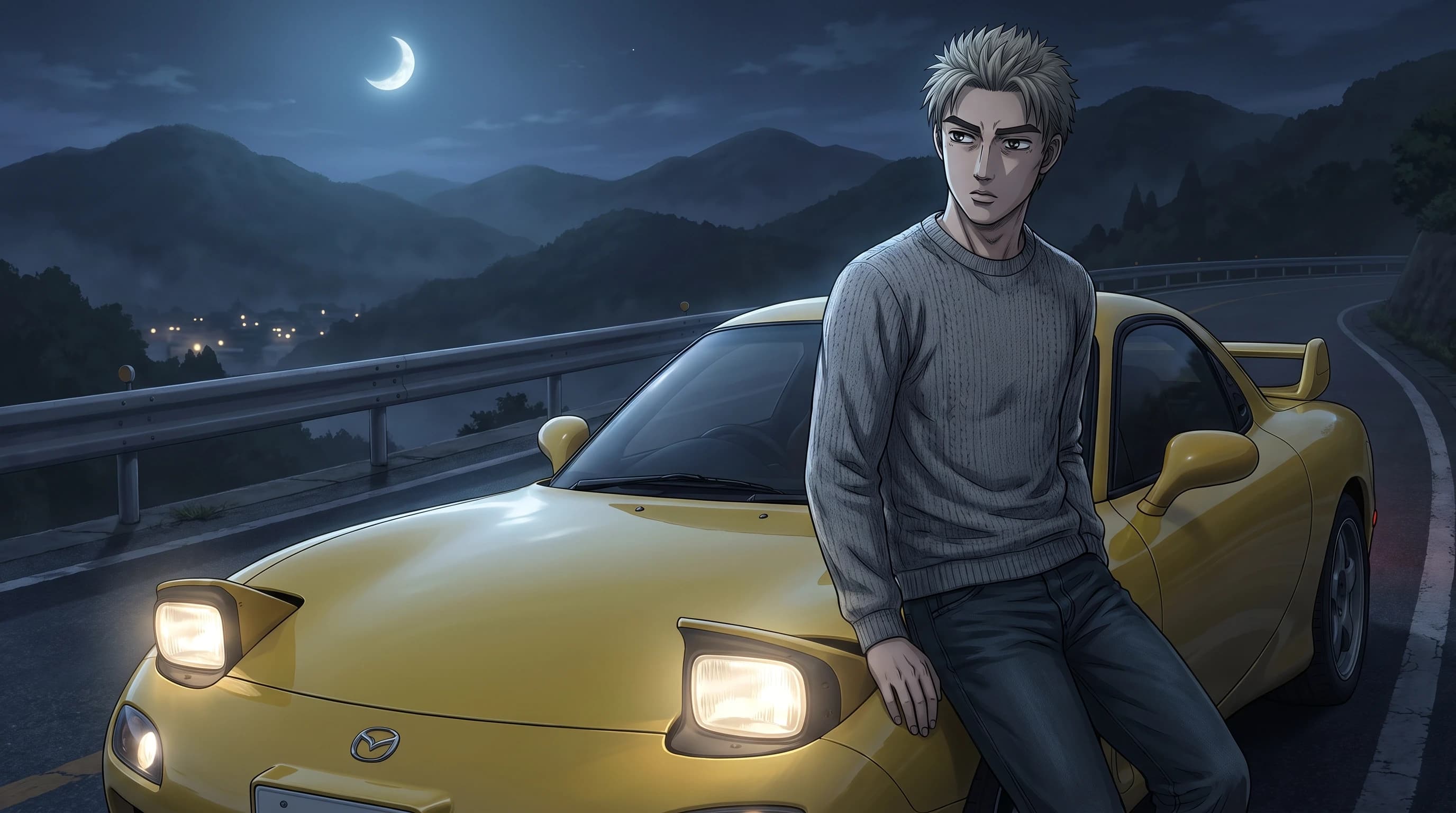 Initial D (Аниме), Кёске Такахаши (юноша в серой кофте и в джинсах, короткие светлые стоячие волосы, серьезный взгляд) стоит радом с Mazda Efini RX-7 Type R (FD3S), стоит на горной дороге, горящие фары, на фоне японских гор, ночь с луной, шедевр, крупный план, стиль аниме с реалистичными деталями