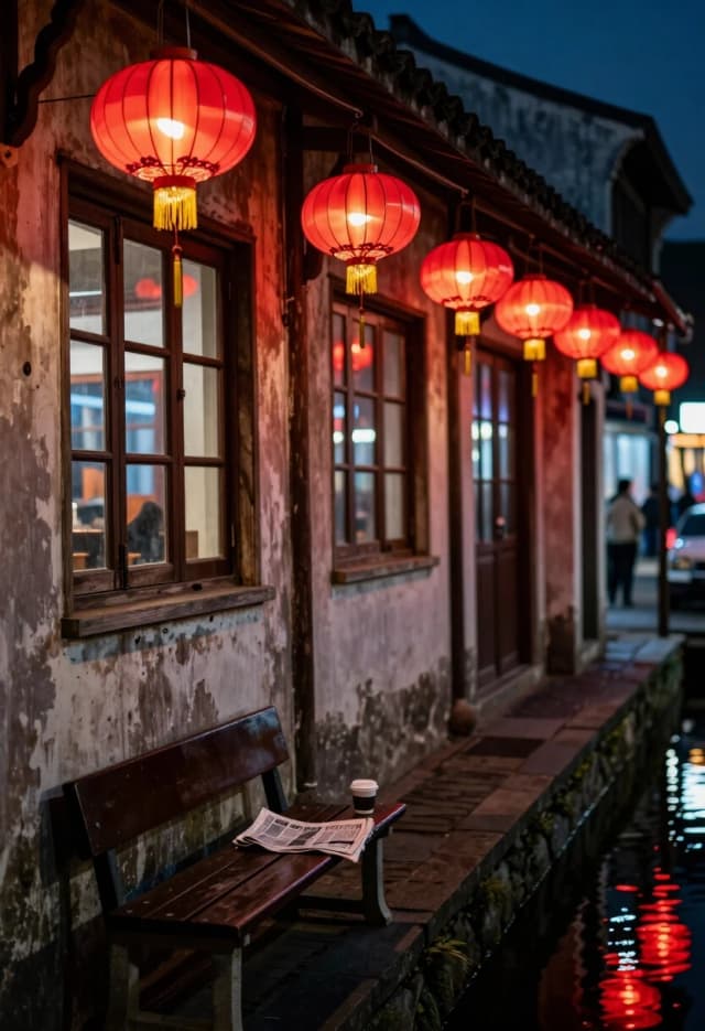 Realistic candid street photo, 50mm lens, f/1.8, night scene in a quieter side street of the Red Light District. Instead of a flashy neon, the main source of red is a row of small vintage red lanterns hanging above the windows, giving a warm, almost intimate glow. The light softly illuminates the carved wooden frames and the weathered facade, revealing fine details: peeling paint, old iron hinges, and the grain of the wood. In the foreground, a small canal with still water mirrors the lanterns as delicate red ribbons. A solitary bench sits empty, with a folded newspaper and a half-drunk cup of coffee, hinting at someone who just stepped away. The background is softly blurred, showing the faint glow of the busier streets farther down. The mood is not provocative, but contemplative: the legend of the district is here, but this corner feels like a pause. High detail on textures: wood grain, metal patina, glass, water surface, fabric of the newspaper.
Keywords: vintage red lanterns, quiet side street, canal reflections, contemplative mood, weathered architecture, intimate red glow, realistic textures, atmospheric stillness, documentary style.