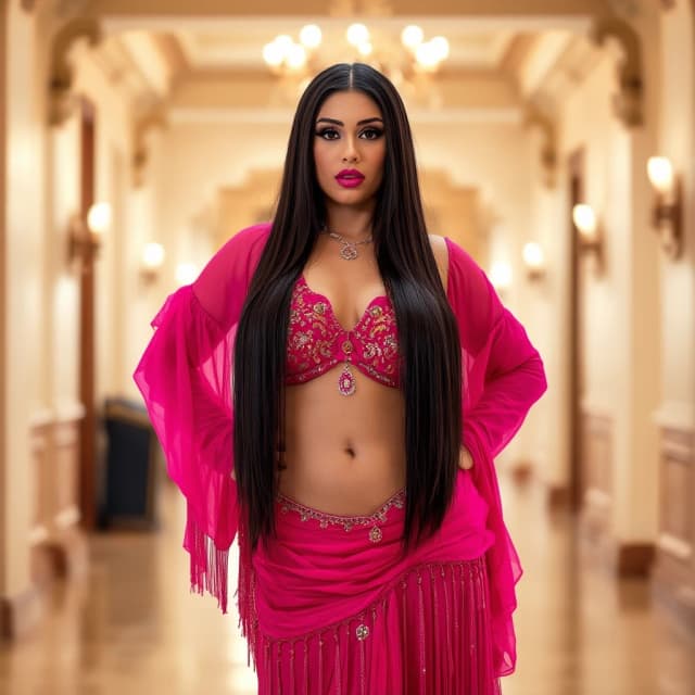 front view chubby belly dancer woman in magenta costume brunette long straight black hair big black eyelashes big magenta lips mouth  stand in hall