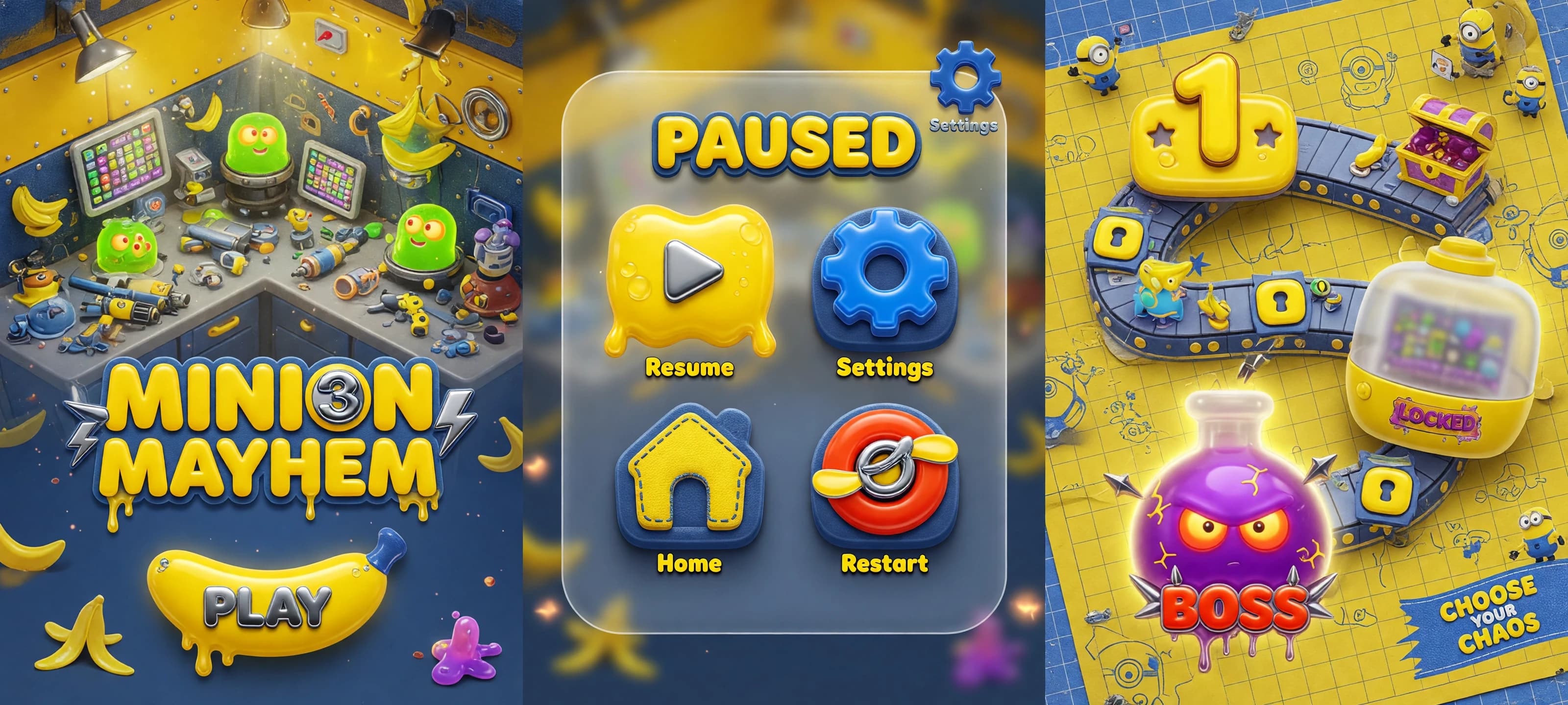 Professional UI/UX kit for a mobile match-3 game, inspired by the chaotic, playful, and whimsical aesthetic of Minions. High-end 3D render style, featuring organic rounded shapes, hyper-glossy textures, and a vibrant color palette of sunny yellow and denim blue. Octane Render, 8k, ray-tracing, Unreal Engine 5 style.

**The kit includes:**

1. **Main Menu Screen:** A dynamic, high-precision 3D isometric view of a cluttered Minion laboratory. The scene is filled with glowing orange-eyed slime blobs, metallic gadgets, and miniature high-tech tablets. The game title is rendered in voluminous, tactile claymorphism with polished chrome inserts. Cinematic lighting with soft global illumination, bright specular highlights, and volumetric dust motes. UI elements: A prominent, glossy "Play" button in the center; a small, sleek "Settings" gear icon in the top right corner.

2. **Pause Menu:** An exquisite glassmorphism overlay with soft, blurred transparency and heavily rounded corners. The interface features tactile, high-gloss buttons designed to look like premium designer toys. Icons for "Play," "Settings," "Home," and "Restart" are rendered with thick, candy-like coatings and realistic subsurface scattering.

3. **Level Selection Map:** A playful, interactive map featuring oversized, numbered 3D tiles. Locked levels are represented by translucent, semi-opaque containers. Boss levels