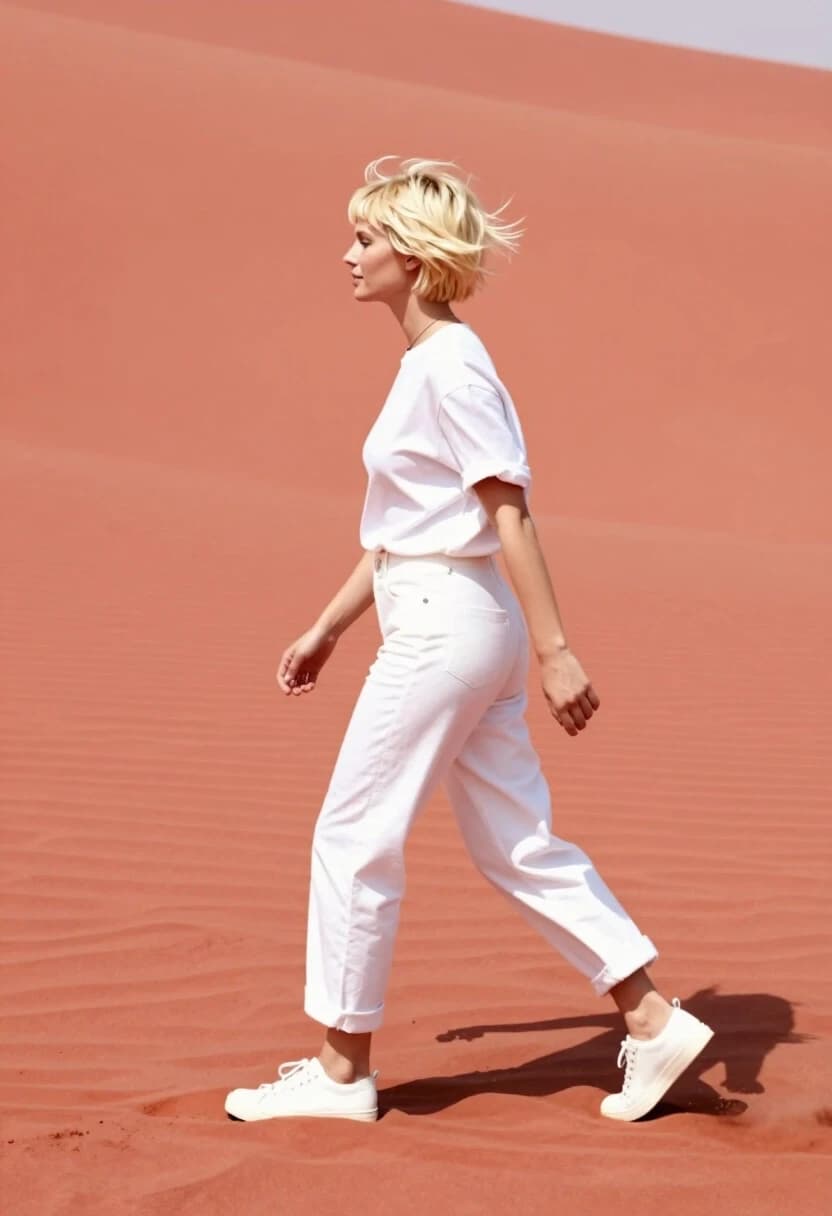 A blonde with a short haircut,
dressed in white, walks along the red sand.
Expression in motion.
Casual.
Bright.
Playful.
Lovely and capricious.
Realism and surrealism.
Bottom-up perspective.
Styling by Daniel Egneus and
Endre Penovác.
Sketch.