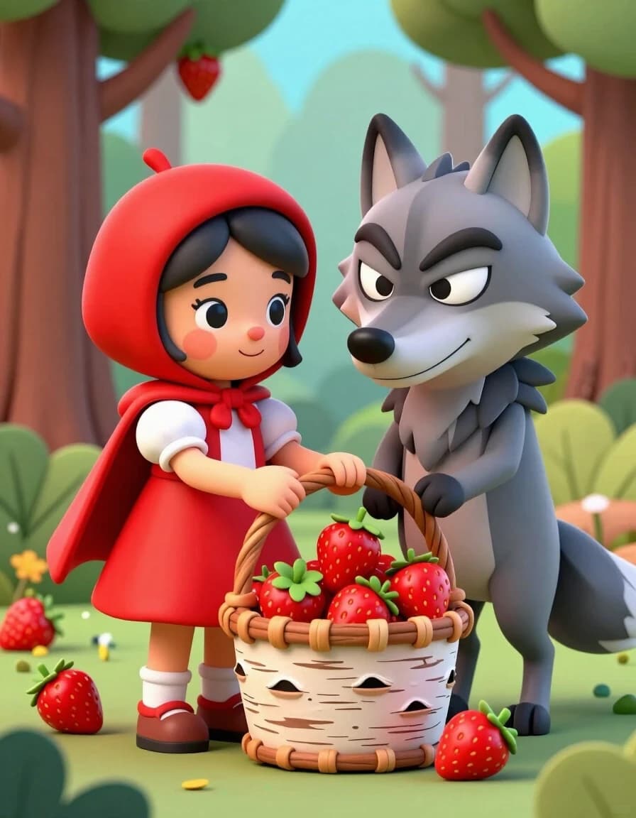 A masterpiece. Create an image. Three-dimensional image: ((Little Red Riding Hood in a red beret):1.6 and (A gray Wolf with sly, sly eyes)1.6 :ripe strawberries are harvested in a birch bark basket in the forest):1.6, clear edges, clear textures, volumetric composition, 3D depth, studio lighting, author's style, 8k resolution. Cartoon style. High detail and clear texture. High quality. Increased attention to small details. The aspect ratio is 3:4.