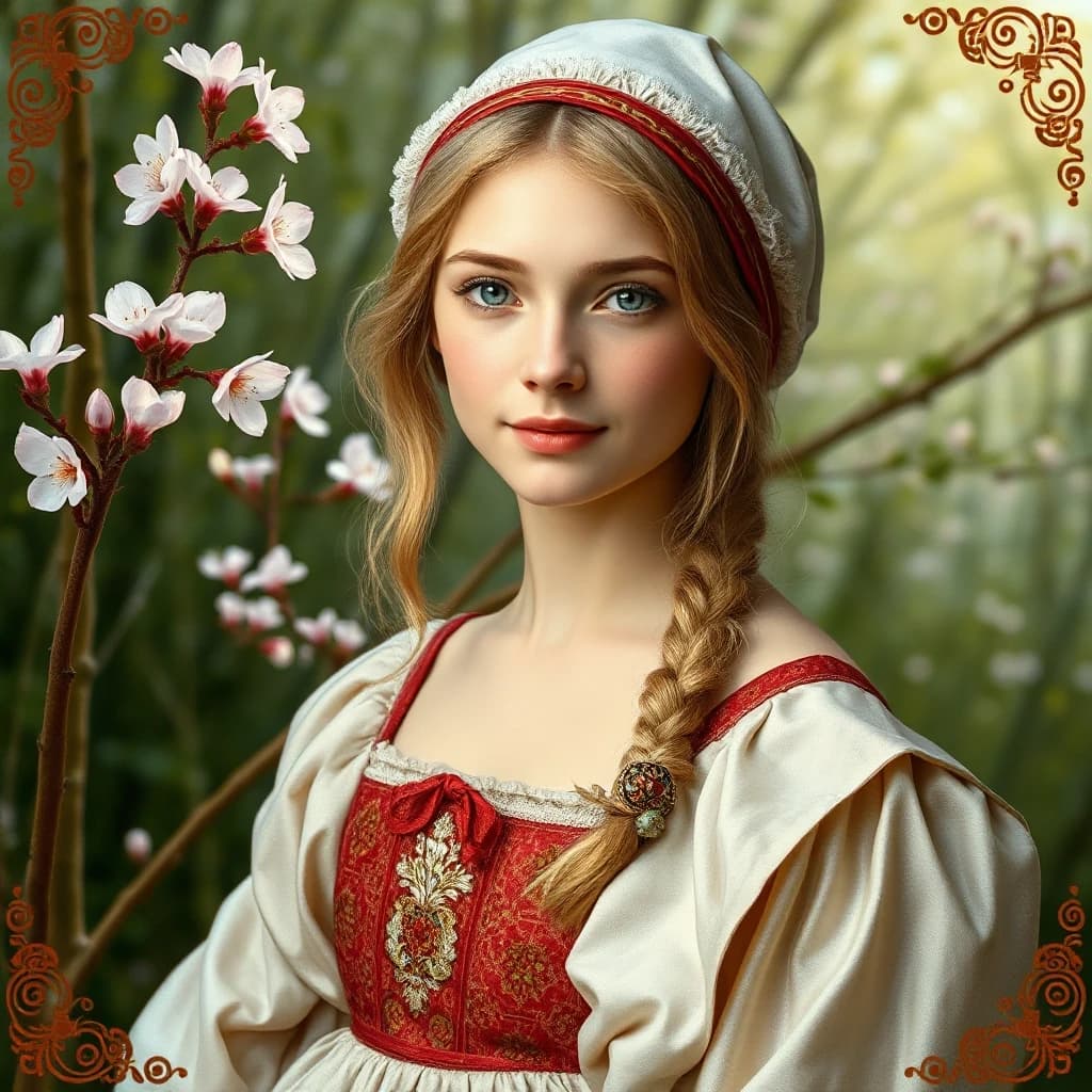 Russian Russians: A detailed portrait of a young woman of Slavic appearance from the 16th century in a traditional long Russian sundress and a traditional Russian cocoanut headdress, with blonde hair against the background of a spring blooming forest, in full growth. In the Glitter style: magical realism, natural symphony, shapes dissolve into color, lines flow like water, translucent layers with a watercolor texture, intricate ornaments at the corners of the composition.
High quality, 4k, octane, cinematic lighting, dramatic composition, eyes with increased detail, delicate skin texture, professional photography, depth of field, Leica camera, artstation trends, spectacular lighting, mystical atmosphere, detailed textures, volumetric lighting, works by Viktor Vasnetsov and Ivan Bilibin, gouache painting style, style Russian fairy tales, photorealism. An atmosphere of joy and serenity.