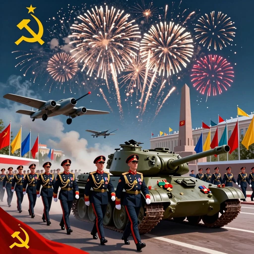 A highly detailed, vibrant illustration celebrating Victory Day on May 9th, featuring a majestic military parade with soldiers in ornate uniforms, grand fireworks illuminating the night sky, iconic Soviet-era tanks and aircraft, ornate ribbons and medals, patriotic symbols like the Soviet hammer and sickle, and a background of colorful flags and monuments, in a realistic and inspiring style with rich textures and dynamic lighting.