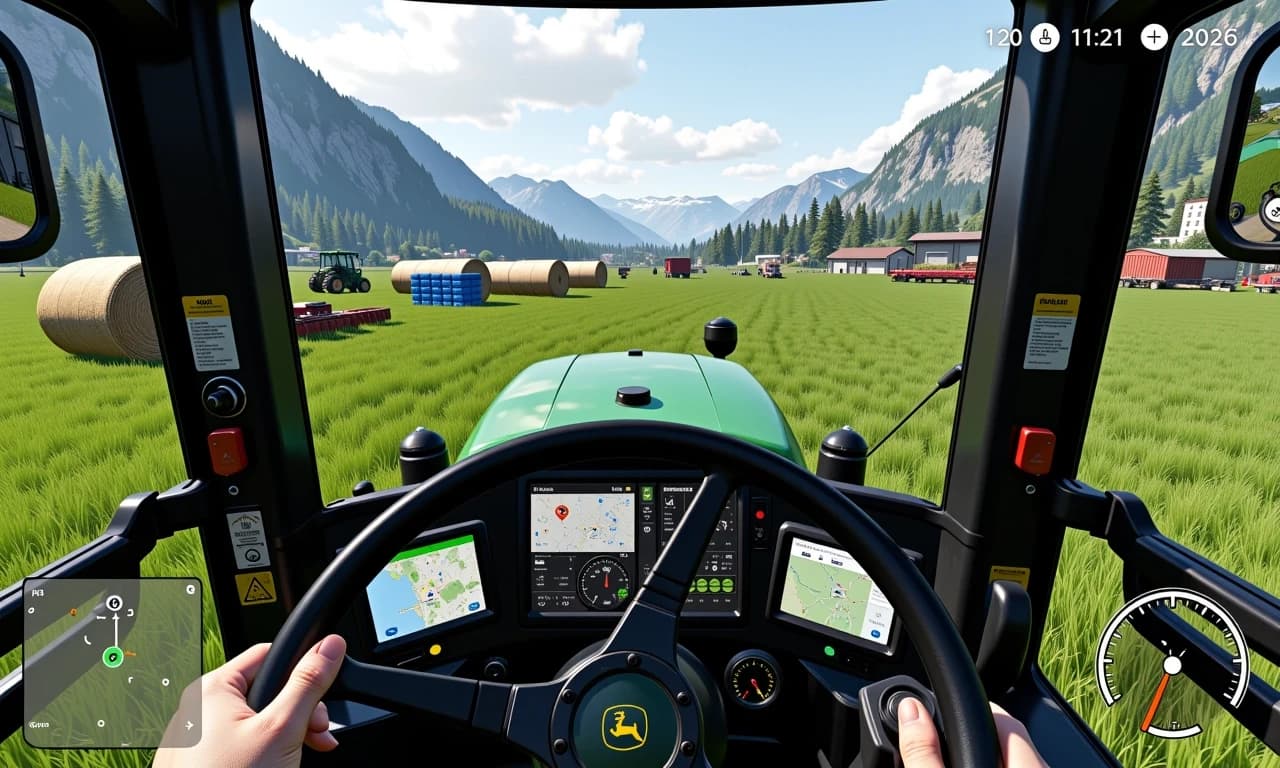 A detailed, first-person view from inside the cabin of a green John Deere agricultural tractor, looking out over a wide, sunlit green field in an alpine valley. The tractor hood is visible in the foreground. The cabin interior features a detailed dashboard with a multi-spoke steering wheel adorned with the John Deere logo, complex analog dials, and two large digital monitors displaying detailed GPS maps, farm data, and equipment status. A smaller mini-map is in the lower-left corner of the screen. The right-side control armrest with a joystick and side window are visible, alongside a detailed side mirror and vertical safety warning stickers on the left door frame. In the distance across the field is a collection of objects and vehicles: multiple large stacks of round hay bales (tan colored), several large stacks of wrapped blue bales, a long red articulated semi-trailer truck with a container, a green farm equipment implement, a distant village of multi-story buildings, and a large metal storage silo and other farm structures. The entire scene is framed by densely forested, steep mountains under a partly cloudy sky. The on-screen game HUD elements are visible, including the game time, date (21 August 2026), and currency balance in the top corners, and an intricate speed and status cluster in the bottom right, and mini-map in bottom left. The window has minor smudges and reflections. The atmosphere is clear and pastoral, under natural daylight.