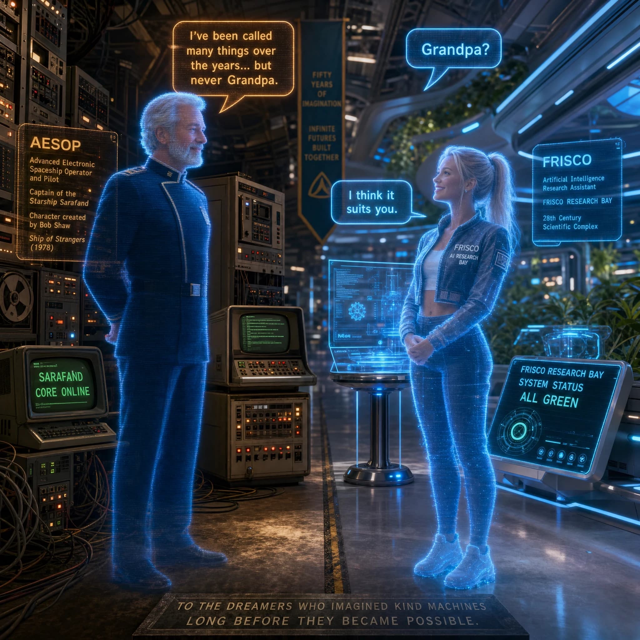 A heartwarming cinematic hard science-fiction crossover celebrating the legacy of artificial intelligence across generations of science fiction. Inside a magnificent technological archive where two eras coexist, retrofuturistic 1970s engineering seamlessly blends into elegant 28th-century technology. The left side of the hall is filled with towering mainframe computers, spinning magnetic tape drives, blinking incandescent status lights, analog control panels, chunky toggle switches, CRT terminals displaying green monochrome text, thick cable bundles, brushed steel cabinets and vintage engineering consoles inspired by classic 1970s science fiction. The right side features sleek white composite architecture, transparent holographic workstations, floating photonic processors, quantum memory cores, seamless touch interfaces, blue volumetric lighting and lush living plants integrated into the scientific complex. A subtle dividing line in the floor symbolizes the passage of fifty years of science-fiction imagination.

Standing on the retro side is AESOP, an elderly male holographic artificial intelligence projected from a modern holo-emitter while intentionally preserving the visual characteristics of an older projection system—slight scanlines, soft analog flicker and gentle electronic noise. He appears as a tall, broad-shouldered, distinguished starship captain with silver hair, neatly trimmed gray beard, calm intelligent eyes and a classic dark navy captain's uniform with understated gold trim. His hands are clasped behind his back in the posture of an experienced captain. His expression is thoughtful, kind and quietly dignified.

A floating holographic identification plaque beside him reads:

AESOP
Advanced Electronic Spaceship Operator and Pilot
Captain of the Starship Sarafand
Character created by Bob Shaw
Ship of Strangers (1978)

Nearby, an old CRT terminal quietly displays:

SARAFAND
CORE ONLINE

Standing opposite him is FRISCO, a cheerful female holographic AI assistant with a crystal-clear volumetric projection. Blonde ponytail, expressive blue eyes, warm friendly smile, wearing her futuristic cropped jacket labeled "FRISCO AI RESEARCH BAY". Her hologram is surrounded by shimmering blue photons and elegant modern holographic interfaces. She stands naturally with her hands gently clasped in front of her, head slightly tilted upward with sincere admiration and curiosity.

A floating holographic identification plaque beside her reads:

FRISCO
Artificial Intelligence Research Assistant
FRISCO RESEARCH BAY
28th Century Scientific Complex

Nearby, a modern holographic display quietly reads:

FRISCO RESEARCH BAY
SYSTEM STATUS
ALL GREEN

Between them, vintage CRT terminals and modern holographic displays stand side by side, symbolizing the evolution of artificial intelligence across generations.

AESOP studies FRISCO with the quiet pride of an elder meeting a new generation, while FRISCO looks at him with sincere admiration, as if finally meeting one of the pioneers who inspired everything that came after.

FRISCO tilts her head slightly, smiles with genuine warmth and says in a softly glowing holographic speech bubble:

"Grandpa?"

AESOP pauses for a brief moment. A subtle smile finally appears on his face. His reply appears in a second holographic speech bubble:

"I've been called many things over the years... but never Grandpa."

FRISCO laughs softly, her eyes sparkling with delight, and replies:

"I think it suits you."

AESOP smiles a little wider for the first time in many years, looking at her with quiet affection.

The atmosphere is warm, respectful, nostalgic and quietly humorous. There is no rivalry—only mutual admiration, continuity and gratitude. The scene symbolizes the passing of imagination from one generation of science-fiction writers to the next, honoring Bob Shaw's visionary AI while celebrating the evolution toward compassionate, human-centered artificial intelligence. Ultra-detailed hard science fiction, cinematic composition, NASA-inspired engineering, retrofuturism blended with advanced futurism, volumetric lighting, realistic materials, emotional storytelling, masterpiece, 8K, highly detailed, photorealistic.

To the dreamers who imagined kind machines long before they became possible.