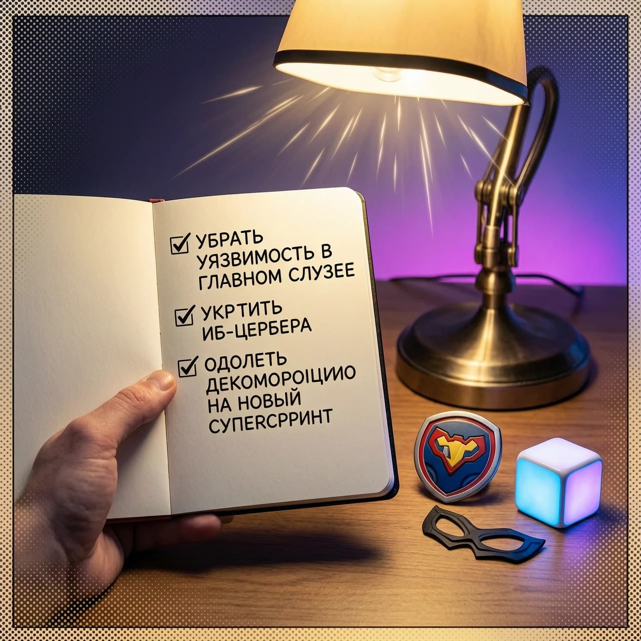 Кинематографичная фотография от первого лица: рука держит открытый блокнот под тёплой настольной лампой. На левой странице — три пункта с галочками написано без ошибок: 
УБРАТЬ УЯЗВИМОСТЬ В ГЛАВНОМ ШЛЮЗЕ 
УКРОТИТЬ ИБ-ЦЕРБЕРА 
ОДОЛЕТЬ ДЕКОМПОЗИЦИЮ НА НОВЫЙ СУПЕРСПРИНТ 
Супергеройский вайб: лёгкое неоновое свечение на заднем фоне, едва заметные комиксные полутона (halftone dots) по краям кадра, тонкие лучи света как от вспышки суперсилы. Рядом с блокнотом на столе — маленький супергеройский щит с логотипом, маска-домино и светящийся кубик. Тёплый ламповый свет + холодный неоновый контражур, кинематографичная глубина резкости, атмосфера «герой готовится к миссии».