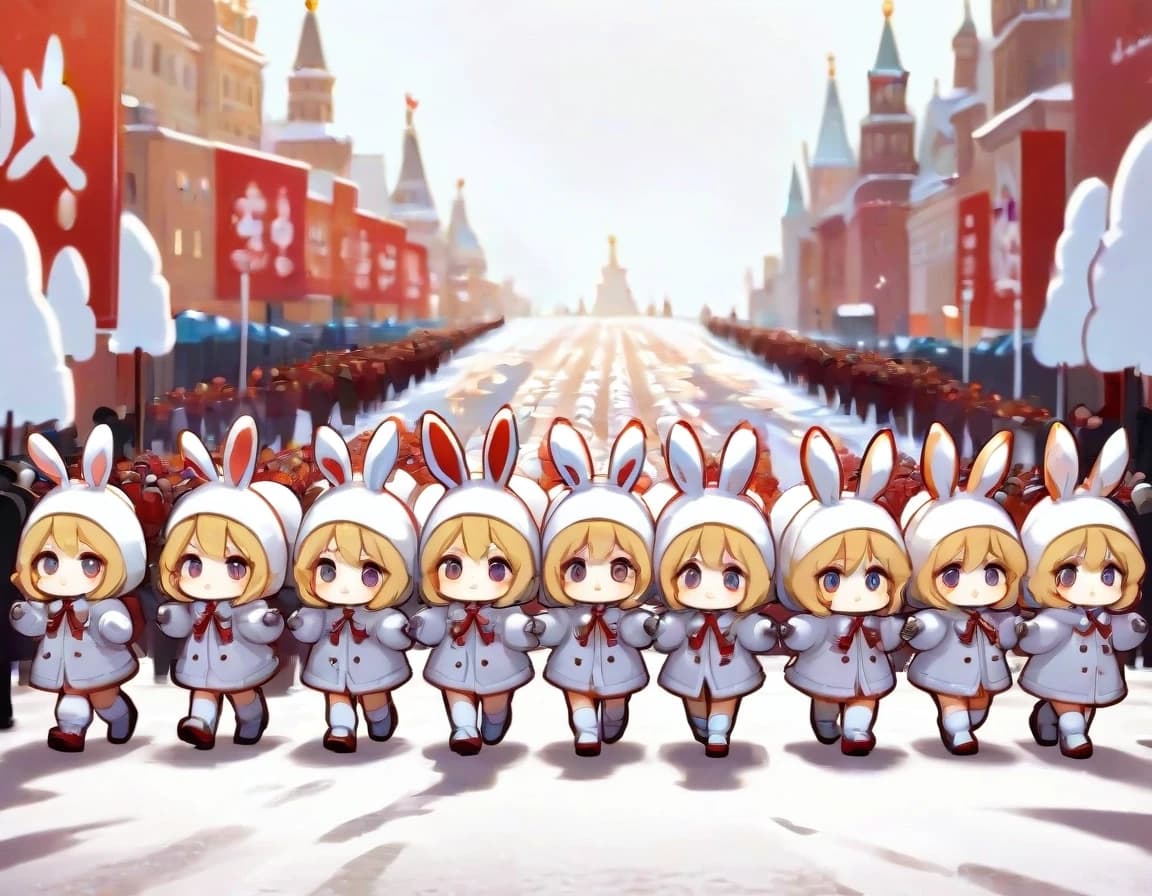 Cute kawaii chibi-style anthropomorphic bunny girls marching in dense multiple parallel rows on snowy Red Square in Moscow.

Many ranks of adorable chibi rabbit girls with big sparkling eyes, fluffy bunny ears and small tails, each wearing a fluffy white winter fur coat, white bunny-ear ushanka hat and white boots.

They have diverse hair colors: light brown, blonde, soft pink, light blue, lavender, silver, peach, mint, etc.

Each girl holds a stylized cute pastel-colored AK-style rifle (pink, lavender, light blue).

They are marching forward in neat military parade formation, several deep rows stretching into the distance.
Winter landscape: thick white snow covering the ground, soft falling snowflakes in the air, snow on the roofs and walls.

Background: Spasskaya Tower with clock on the left, colorful onion domes of Saint Basil’s Cathedral on the right, pale winter sky with light clouds.
Highly detailed chibi anime style, soft pastel colors, wholesome and adorable atmosphere, clean composition, high quality