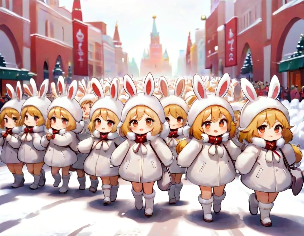 Cute kawaii chibi-style anthropomorphic bunny girls marching in dense multiple parallel rows on snowy Red Square in Moscow.

Many ranks of adorable chibi rabbit girls with big sparkling eyes, fluffy bunny ears and small tails, each wearing a fluffy white winter fur coat, white bunny-ear ushanka hat and white boots.

They have diverse hair colors: light brown, blonde, soft pink, light blue, lavender, silver, peach, mint, etc.

Each girl holds a stylized cute pastel-colored AK-style rifle (pink, lavender, light blue).

They are marching forward in neat military parade formation, several deep rows stretching into the distance.
Winter landscape: thick white snow covering the ground, soft falling snowflakes in the air, snow on the roofs and walls.

Background: Spasskaya Tower with clock on the left, colorful onion domes of Saint Basil’s Cathedral on the right, pale winter sky with light clouds.
Highly detailed chibi anime style, soft pastel colors, wholesome and adorable atmosphere, clean composition, high quality