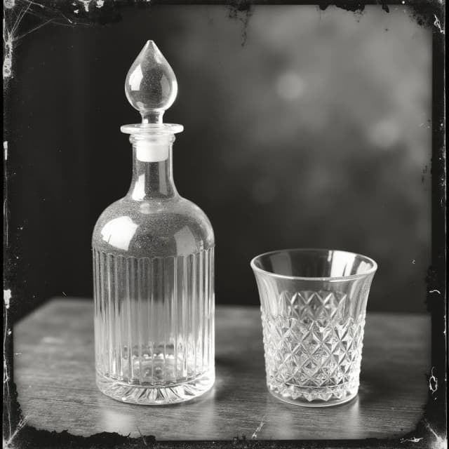 графин, гранённый стакан на столе