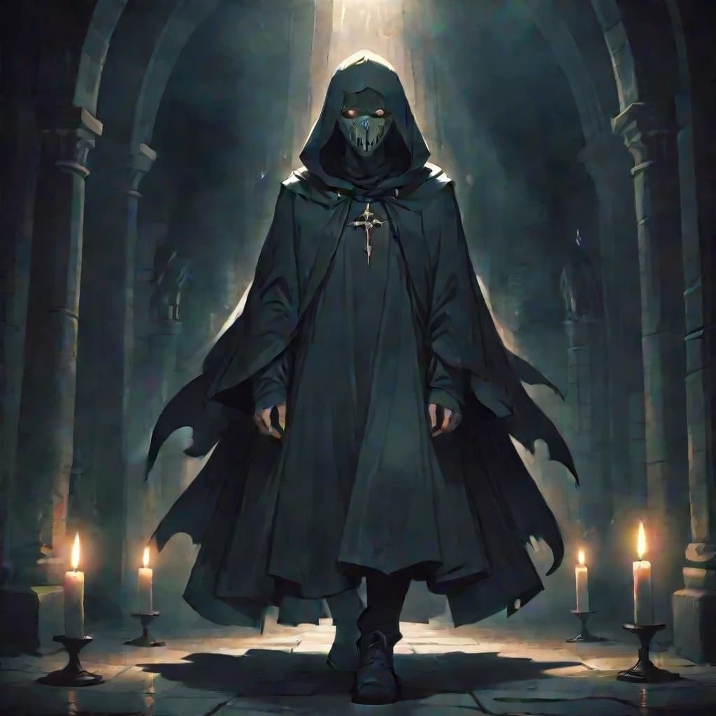 Under the vaults of an ancient medieval church, in the semi-darkness, by the lit candles, stands a mysterious man in a long, ankle-length cloak, a hood thrown over his head, his face covered by a half-mask, only his eyes visible. Illustration, Fantasy, Mysticism