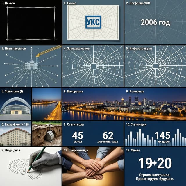 Время	Кадр	Описание видеоряда
0:00 – 0:04	1. Начало	Абсолютная темнота. Звук графита по бумаге. Появляется белый лист ватмана. Линия рейсшины прочерчивает рамку кадра.
0:04 – 0:10	2. Логотип УКС	Линии сходятся в предложенный логотип (синий чертежный квадрат). Он падает тенью на карту Челябинска 2006 года. Всплывает титр «2006 год».
0:10 – 0:20	3. Нити проектов	Камера летит над картой от ул. Воровского. От здания УКС расходятся светящиеся пунктирные линии к точкам будущих строек.
0:20 – 0:35	4. Закладка основ	Динамичный монтаж. Кран поднимает балку $\rightarrow$ контур школы быстро заполняется цветом $\rightarrow$ карта покрывается сеткой новых улиц (timelapse).
0:35 – 0:45	5. Инфраструктура	Карта города сверху. Пустые пространства между районами заполняются сеткой новых светящихся дорог и жилых кварталов.
0:45 – 0:55	6. Split-screen (I)	Экран делится на 4 части. Левый верх: Арена «Трактор» (купол раскрывается). Правый верх: Набережная Миасса (зажигаются фонари).
0:55 – 1:05	7. Split-screen (II)	Левый низ: Фасад школы № 118. Правый низ: Разрез земли, работа проходческого щита метротрамвая.
1:05 – 1:20	8. Панорама	Четыре сектора схлопываются. Объекты вылетают на единую панораму ночного Челябинска. Камера делает плавный облет.
1:20 – 1:30	9. Статистика	Резкий зум вверх. Здания превращаются в столбцы диаграммы. Крупные цифры: «45 школ», «62 детских сада», «145 км дорог».
1:30 – 1:45	10. Люди дела	Диаграмма рассыпается. Макро-кадр: рука инженера-чертежника в перчатке держит карандаш над ватманом. Затем руки разных специалистов сходятся в центр.
1:45 – 1:55	11. Сбор команды	Руки (в касках, перчатках) кладут ладони друг на друга поверх проекции герба города. Эмоциональный теплый свет.
1:55 – 2:00	12. Финал	Темно-синий фон. Загорается цифра «19» (со стрелкой-таймером на смену на «20»). Текст: «Строим настоящее. Проектируем будущее.» Видео создать нужно