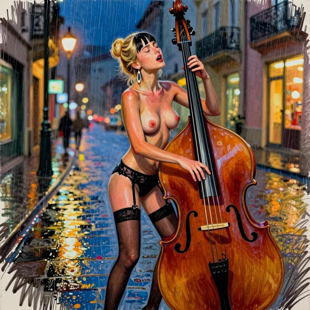 , 
drawing by Diego Dyer, photograph, drawing by Egon Schiele, 4K, young girl, playing the double bass,in a brightly lit street, negligee, blonde hair tied in a bun, very beautiful, small breasts, standing full-length playing the kotrabasa, short hair, black straight bangs, outside, night, rain, the whole body, eyes closed, mouth slightly ajar, long earrings, stockings with garters, lust, many details, highly detailed image, photorealism, provocative, black stockings, small breasts, sweet girl, model, beautiful body, pleasant pain, sweet moan, rapid breathing, torment,
