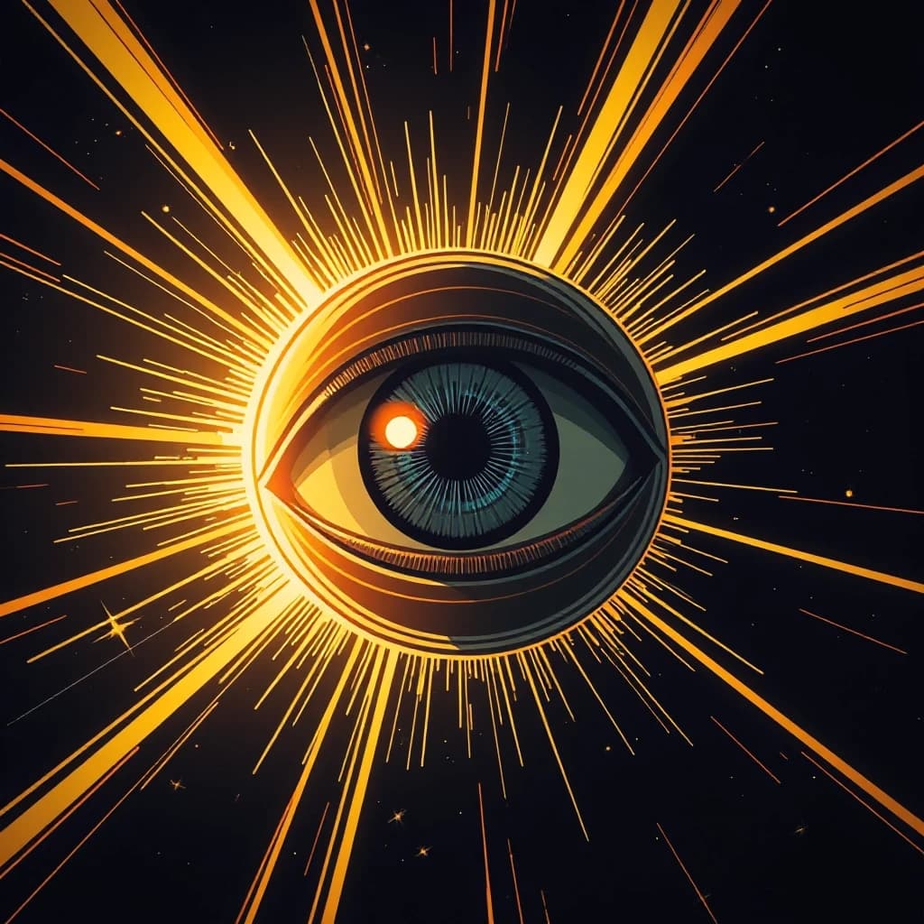 A giant cosmic eye floating in deep dark space, surrounded by glowing golden light rays, comic book style with cinematic dramatic lighting, dark graphic novel aesthetic, bold black outlines, mystical all-seeing eye, powerful and mysterious, no text, no words, 4k