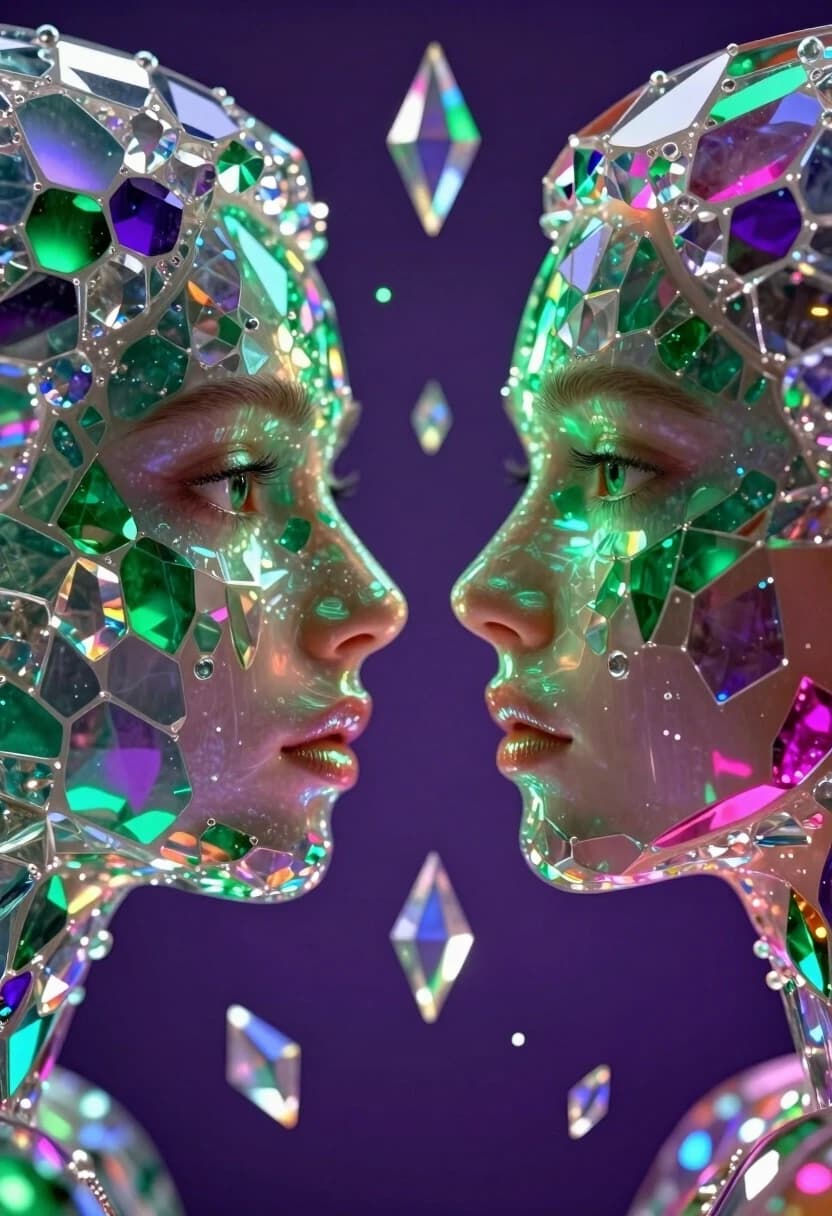Extreme close-up of two faces in a moment of awkward silence during a dating show. Use "Luminous Crystal Mosaic Style": the characters' skin and features are composed of intricate layers of translucent iridescent glass and crystalline fragments. Floating geometric crystals and shimmering shards hover between them, symbolizing unspoken words. A rich symphony of deep purple, emerald green, and electric magenta. Internal glow creating a soft luminescence within the glass structures. Prismatic reflections, volumetric light caustic effects, extreme detail on every tiny glass tessera, 8k, surreal atmosphere, vivid color saturation.