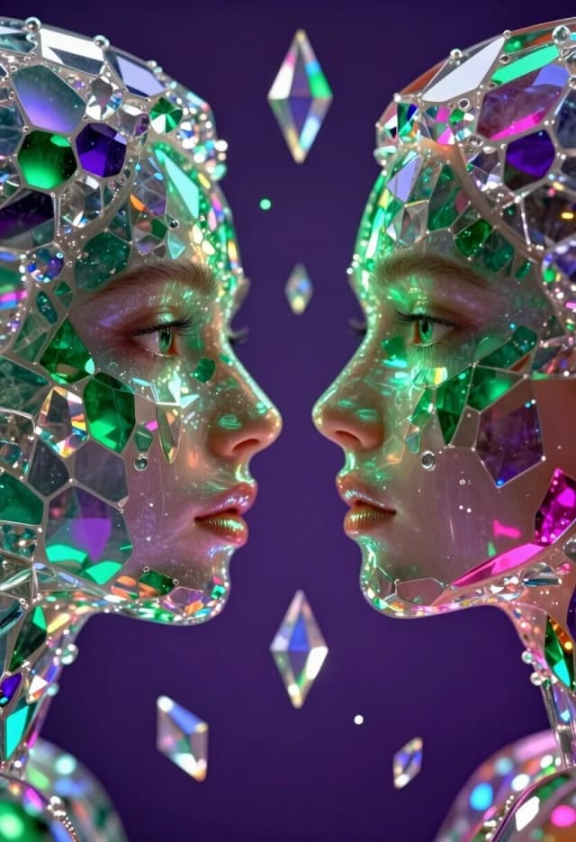 Extreme close-up of two faces in a moment of awkward silence during a dating show. Use "Luminous Crystal Mosaic Style": the characters' skin and features are composed of intricate layers of translucent iridescent glass and crystalline fragments. Floating geometric crystals and shimmering shards hover between them, symbolizing unspoken words. A rich symphony of deep purple, emerald green, and electric magenta. Internal glow creating a soft luminescence within the glass structures. Prismatic reflections, volumetric light caustic effects, extreme detail on every tiny glass tessera, 8k, surreal atmosphere, vivid color saturation.