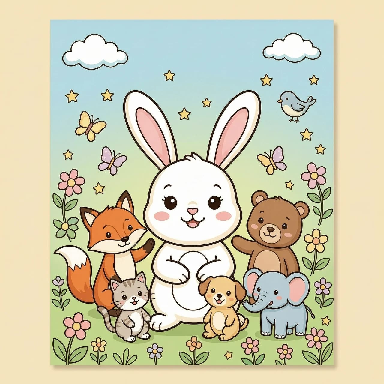 Create a highly appealing children's coloring book cover featuring a cute little rabbit as the main character, surrounded by a small group of adorable friendly animals: a fox, bear cub, kitten, puppy, elephant and little bird.

The rabbit should be the clear focal point, large and centered, with a sweet friendly expression and charming rounded features. The other animals should form a balanced playful composition around it, creating a feeling of friendship and adventure.

Surround the characters with simple whimsical elements such as flowers, leaves, butterflies, clouds and tiny stars. Keep the details attractive but not excessive.

Bright cheerful colors, warm playful palette, soft pastel accents combined with strong visual contrast, clean polished shapes, expressive cute faces, modern premium children's illustration style.

The composition must be instantly recognizable as a children's animal coloring book when viewed as a small thumbnail. Strong focal point, excellent visual hierarchy, balanced negative space, clean silhouette, professional commercial book-cover design.

Vertical portrait format, full-page artwork extending to all edges, no white margins, no border, no frame.

Leave a clean uncluttered area at the top for adding the title later.

No text, no letters, no numbers, no logo, no watermark.

Wholesome, joyful, magical, cute, cozy, memorable, premium and commercially appealing. High-resolution digital illustration, crisp clean edges, professional children's publishing quality.