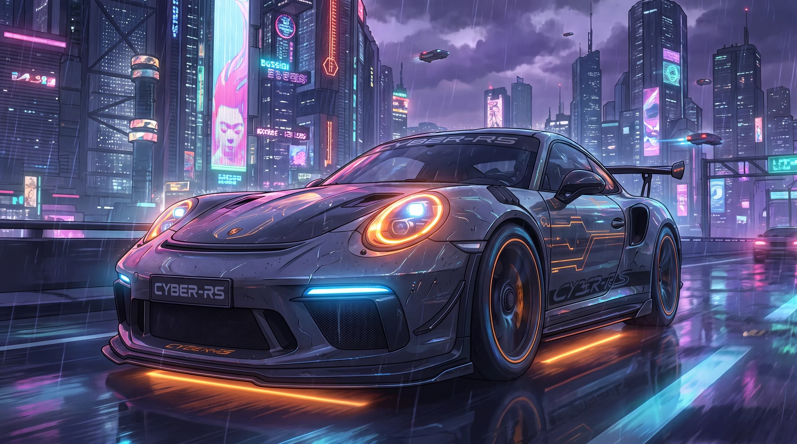 Porsche 911 GT3 RS, едет по дороге, эпичный ракурс, горящие фары, шедевр, крупный план, стиль аниме с реалистичными деталями, киберпанк,