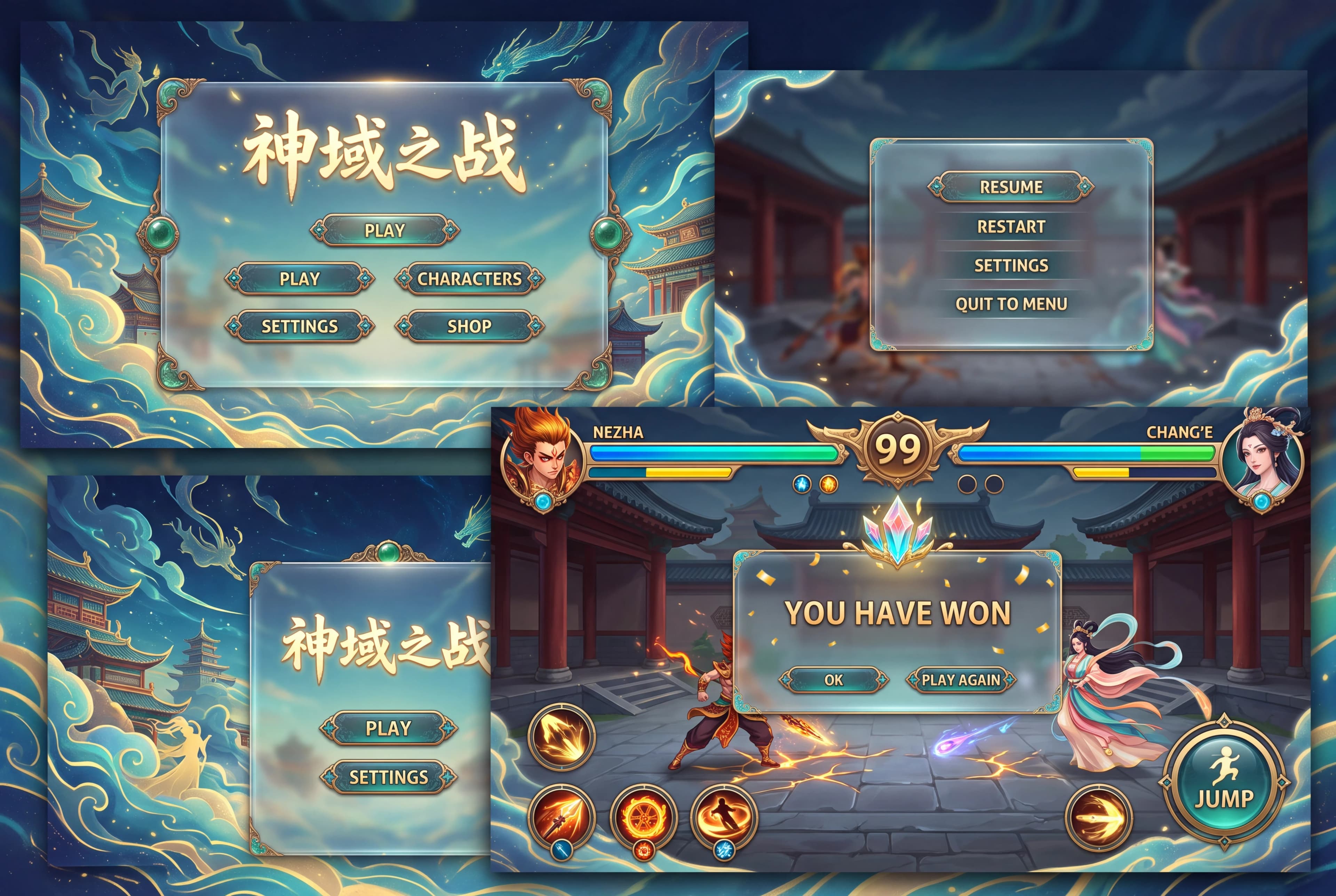 Draw a UI kit for a mobile fighting game in three layers, in the style of modern Chinese gods. To include the first glass menu with a background and a name, a pause menu, a playing field with two opponents in different corners with portraits and skills, a jump button, a crystal will be added to the playing field that serves as a victory, a time timer over the playing field, you have won the menu.