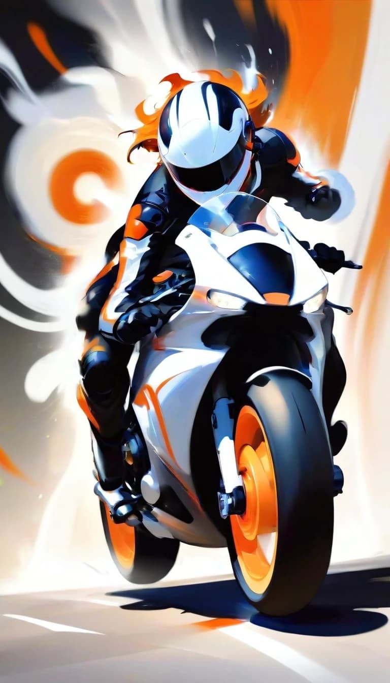 A dynamic, action-packed painting of a motorcyclist leaning into a turn on a sleek, white motorcycle with bright orange wheels. The rider wears a black leather suit and helmet, with their hair flowing back. The scene is rendered in a painterly style, with visible brushstrokes that create a sense of motion and energy. The background is abstract, with streaks of white and grey suggesting speed and a slightly blurred environment, punctuated by vibrant orange reflections on the ground. The lighting is dramatic, with the motorcycle's headlight casting a warm glow and highlighting the textures of the bike and rider. The perspective is low and close-up, emphasizing the power and speed of the machine. --style raw