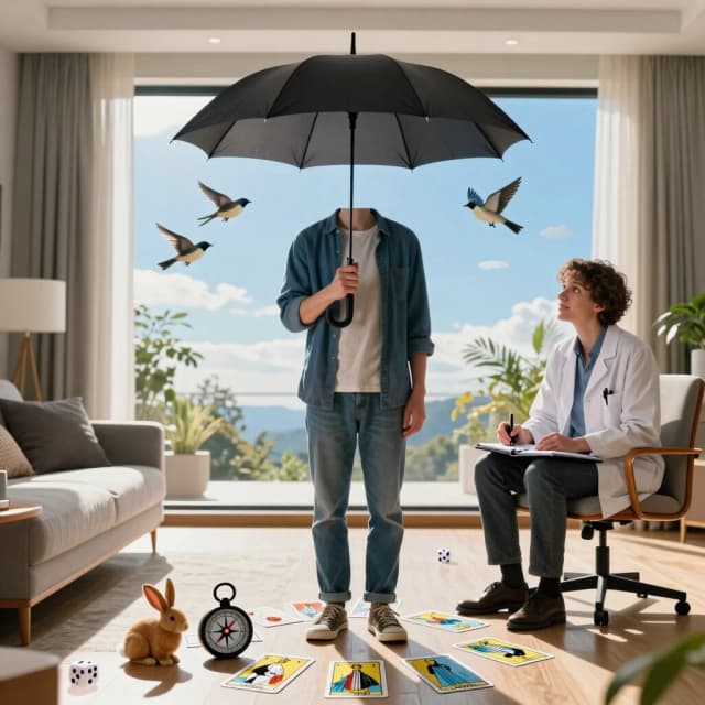 Cinematic photorealistic surreal interior shot of a person standing in the middle of a bright, modern living room, holding a large black umbrella open indoors. Outside the huge window, it's a sunny day with blue sky and singing birds, but the person is pressing buttons on a toy remote control, trying to "control" the weather. On the floor around them: tarot cards, a compass, dice, and a rabbit's foot. A calm psychologist (or scientist) sits nearby on a chair, quietly taking notes in a notebook, observing the person with a gentle, understanding expression. Photorealistic, philosophical, contrast between bright sunlight and the person's absurd umbrella, warm and cool tones, 8k, shallow depth of field, 4:5 aspect ratio.