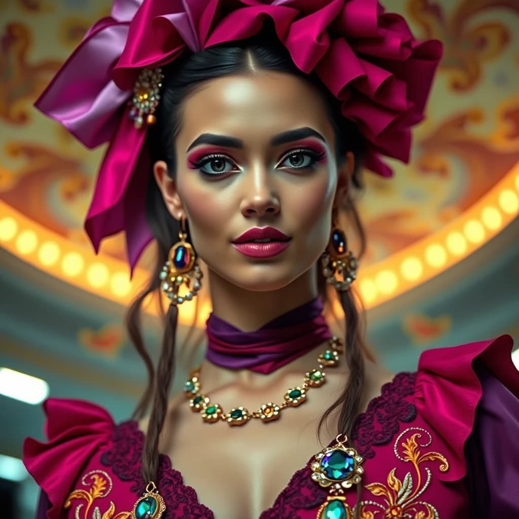 (Woman:1.3) Flamengo Dancer, Fairy-Tale, Full eyebrows, wearing Cyberpunk Pink, Purple and Lavender garb, her Burgundy, Olive and Tan garb tailored by Roksanda Ilincic trinkets, glamourous Braces, in focus, emotive, ceiling frescoes, psychological narratives, dramatic, elaborate, contemporary, grand illumination, highly contrasted, winning, intricate artistic color