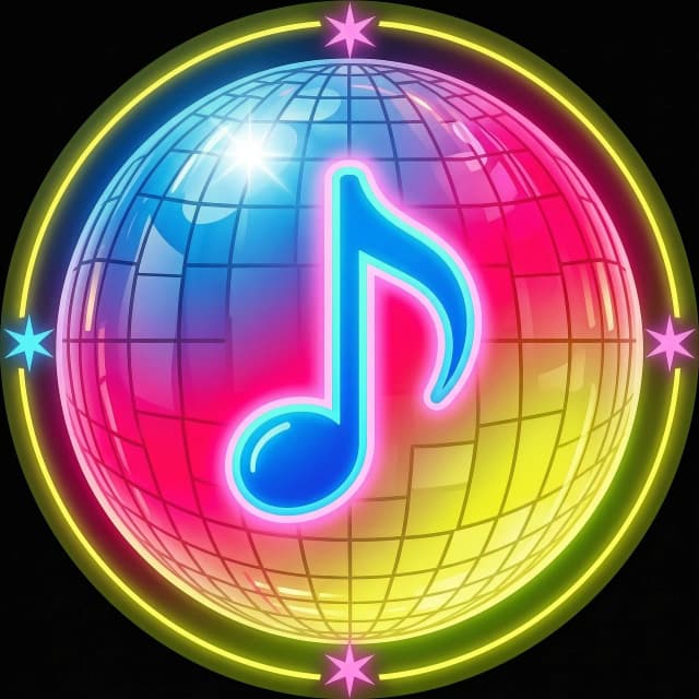 A striking minimalistic circular logo icon for a kid's disco music channel. A large, bold, glowing neon musical note symbol integrated inside a shiny, clean 3D disco sphere. Vibrant aesthetic with electric blue, magenta, and lemon yellow colors. Solid dark background for maximum contrast. Eye-catching design, highly recognizable at low resolution, no text, clean geometric shapes, gloss finish, vector-like 3D render.