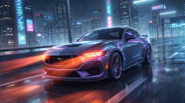 Ford Mustang Dark Horse, едет по дороге, эпичный ракурс, горящие фары, шедевр, крупный план, стиль аниме с реалистичными деталями, киберпанк,
