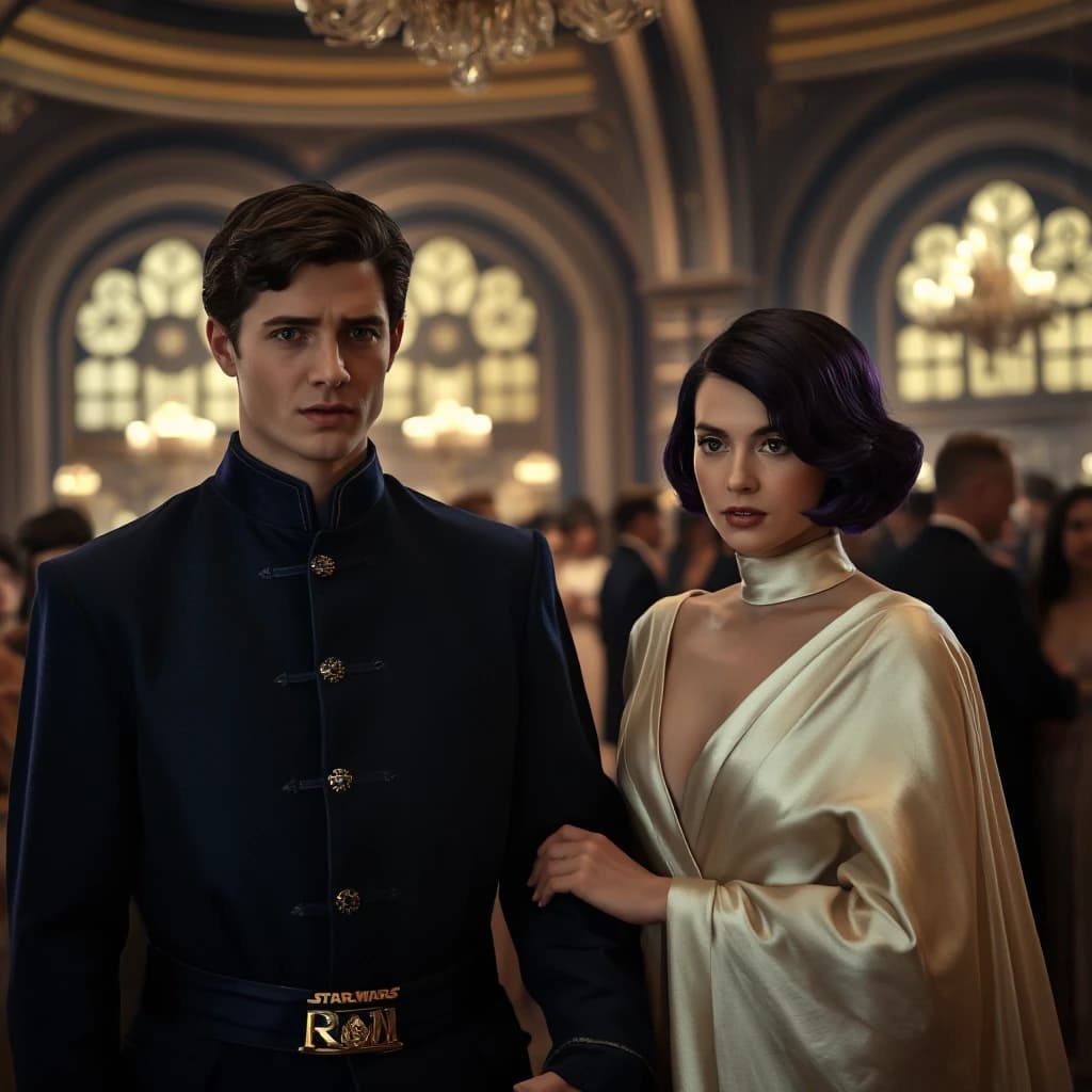 Cinematic film still, live-action movie shot. A handsome young 18-year-old green-eyed male and a beautiful young woman with short stylish purple hair, undercover as an aristocratic Alderaan married couple at a luxury gala on the planet Serenno. The man is wearing a formal midnight-blue structured aristocratic tunic with a high mandarin collar and subtle silver embroidery. The woman is wearing an elegant pearl-white high-collar silk evening gown with a flowing cape from her shoulders. They are holding hands, looking slightly embarrassed but trying to maintain noble posture. In the background, a luxurious futuristic ballroom with high arches, gothic sci-fi windows, and wealthy galactic politicians talking. Rich ambient lighting, photorealistic, shot on 35mm lens, high detailed.
