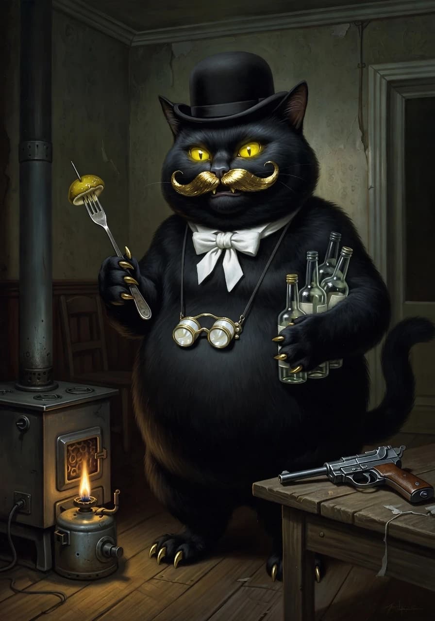 Огромный чёрный кот размером с кабана, жирный, тяжёлый. Стоит на задних лапах. Шерсть чернее сажи, отчаянные кавалерийские усы, круглая голова, острые уши, пухлые лапы. На шее — белый фрачный галстук-бабочка, на груди — перламутровый дамский бинокль на ремешке. Усы и когти позолочены. на полу стоит примус времен НЭПа (керосиновая горелка , должна выглядеть реалистично, без лишних деталей), на столе лежит пистолет системы маузер (реалистичный пистолет  Маузер C96!). На голове котелок Наглая, хитрая усмешка, глаза горят жёлтым.…жутких размеров черный кот со стопкой водки в одной лапе и вилкой, на которую он успел поддеть маринованный гриб, в другой. Фон — коммунальная квартира или мрачный московский интерьер 1920-х. Стиль — иллюстрация к Булгакову, тёмное фэнтези, масло, драматичный свет.