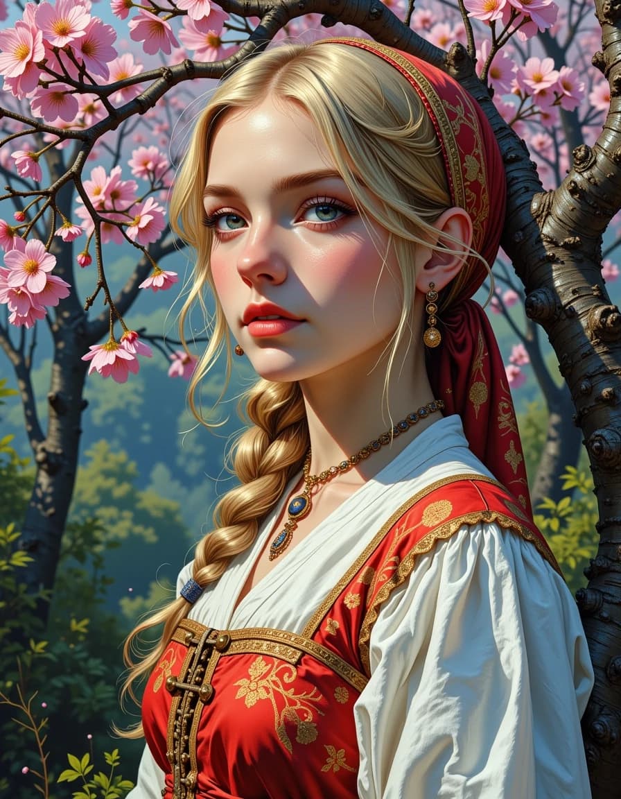 Russian Russians: A detailed portrait of a young woman of Slavic appearance from the 16th century in a traditional long Russian sundress and a traditional Russian cocoanut headdress, with blonde hair against the background of a spring blooming forest, in full growth. In the Glitter style: magical realism, natural symphony, shapes dissolve into color, lines flow like water, translucent layers with a watercolor texture, intricate ornaments at the corners of the composition.
High quality, 4k, octane, cinematic lighting, dramatic composition, eyes with increased detail, delicate skin texture, professional photography, depth of field, Leica camera, artstation trends, spectacular lighting, mystical atmosphere, detailed textures, volumetric lighting, works by Viktor Vasnetsov and Ivan Bilibin, gouache painting style, style Russian fairy tales, photorealism. An atmosphere of joy and serenity.