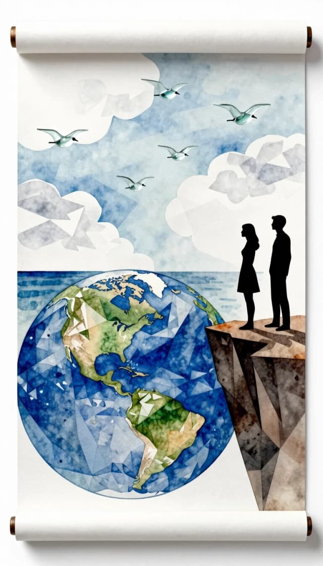 Polygonal pattern on canvas, scroll, angular bold lines, stencil watercolor. Vertical view from above from planetary orbit.
Earth, from a cliff. Female and male silhouettes stand in profile on a cliff. Global perspective. Horizon. Glass birds above the sea, clouds + female and male silhouettes, glass birds in the sky, minimalist palette.
