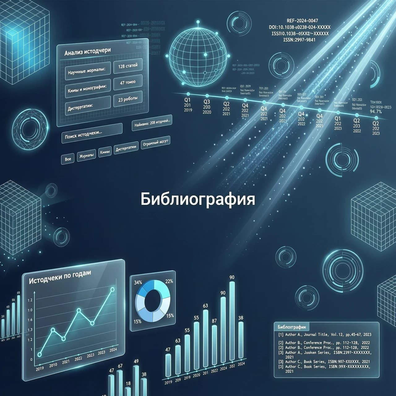 Футуристический цифровой фон для слайда презентации под названием «Библиография», ультрасовременная эстетика в стиле хай-тек, парящие полупрозрачные голографические элементы инфографики, светящиеся диаграммы с данными и геометрические модули пользовательского интерфейса, парящие в воздухе. Темно-синяя и голубая цветовая палитра с неоново-синими акцентами. Кинематографическое освещение с мягким эффектом боке и объемными световыми лучами. Композиция: широкоугольный объектив, чистое негативное пространство в центре для наложения текста, сложная глубина резкости. Стиль: элегантный научно-фантастический минимализм, разрешение 8K, высокодетализированное цифровое искусство, Octane Render, акцент на парящих элементах, напоминающих стекло, профессиональная корпоративная футуристическая атмосфера.