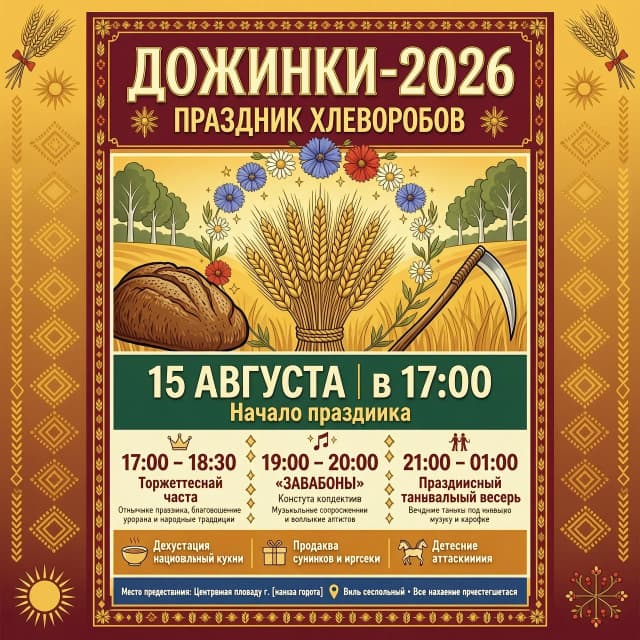 Сгенерируй афишу к празднику дожинки-2026, праздник хлеборобов
В афишу вставить время 15 августа в 17.00 
17.00-18.30 Торжественная часть (придумать название)
19.00 -20.00 концерт коллектива "Забабоны"
21.00-01.00 праздничный танцевальный вечер
На протяжении праздника будут организованы дегустация национальной кухни, продажа сувениров и игрушек, детские аттракци
оны