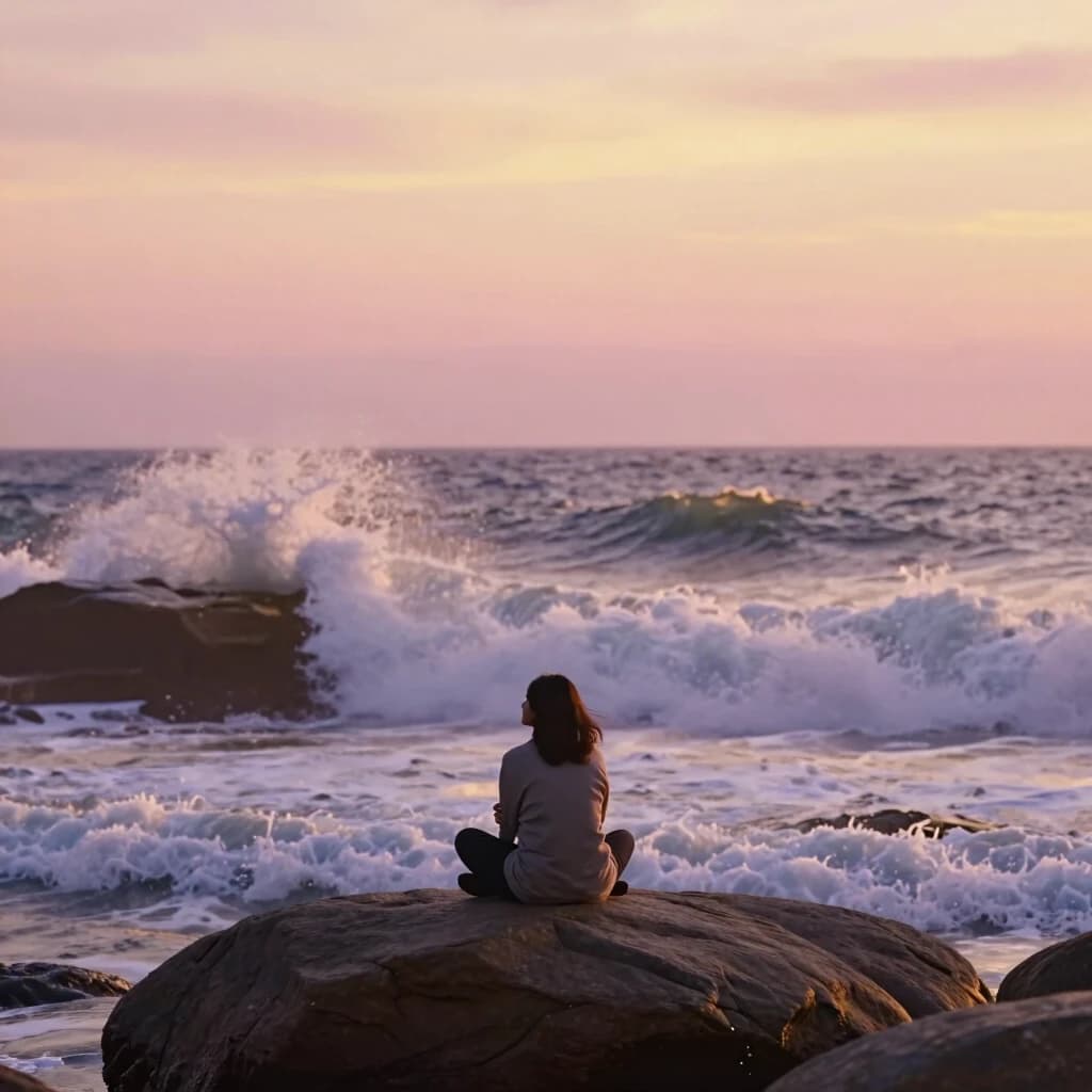 Cinematic wide shot of a solitary contemplative person sitting peacefully on a large smooth rock at the edge of a dramatic, wild ocean at golden sunset. Huge powerful waves are crashing against the rocks nearby, spraying white foam, but the person remains completely calm, grounded, and present, observing the waves with a gentle, accepting expression, not fighting them. This symbolizes the ability to cope with intense emotions by allowing them to pass without being overwhelmed. The person's posture is relaxed, knees drawn up, arms wrapped around them. The warm golden and soft pink sky fills the upper half of the composition. Hopeful, serene, philosophical, healing atmosphere, photorealistic, warm amber and soft lavender tones, emotional depth, 8k, shallow depth of field, 4:5 aspect ratio.
