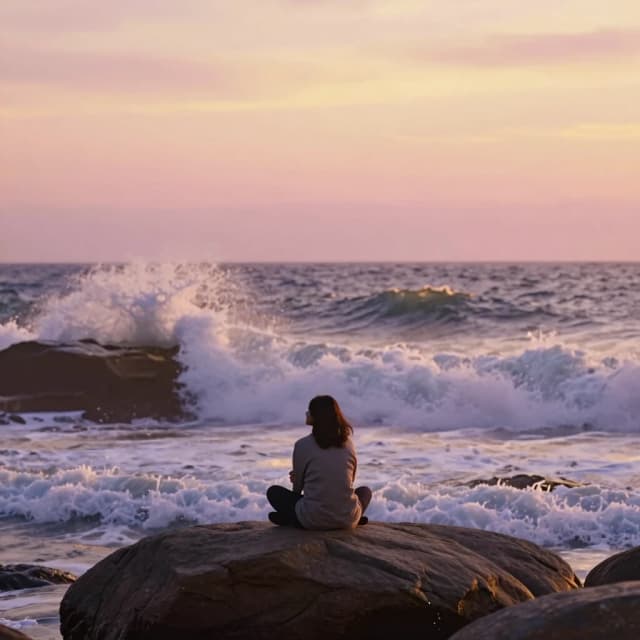 Cinematic wide shot of a solitary contemplative person sitting peacefully on a large smooth rock at the edge of a dramatic, wild ocean at golden sunset. Huge powerful waves are crashing against the rocks nearby, spraying white foam, but the person remains completely calm, grounded, and present, observing the waves with a gentle, accepting expression, not fighting them. This symbolizes the ability to cope with intense emotions by allowing them to pass without being overwhelmed. The person's posture is relaxed, knees drawn up, arms wrapped around them. The warm golden and soft pink sky fills the upper half of the composition. Hopeful, serene, philosophical, healing atmosphere, photorealistic, warm amber and soft lavender tones, emotional depth, 8k, shallow depth of field, 4:5 aspect ratio.