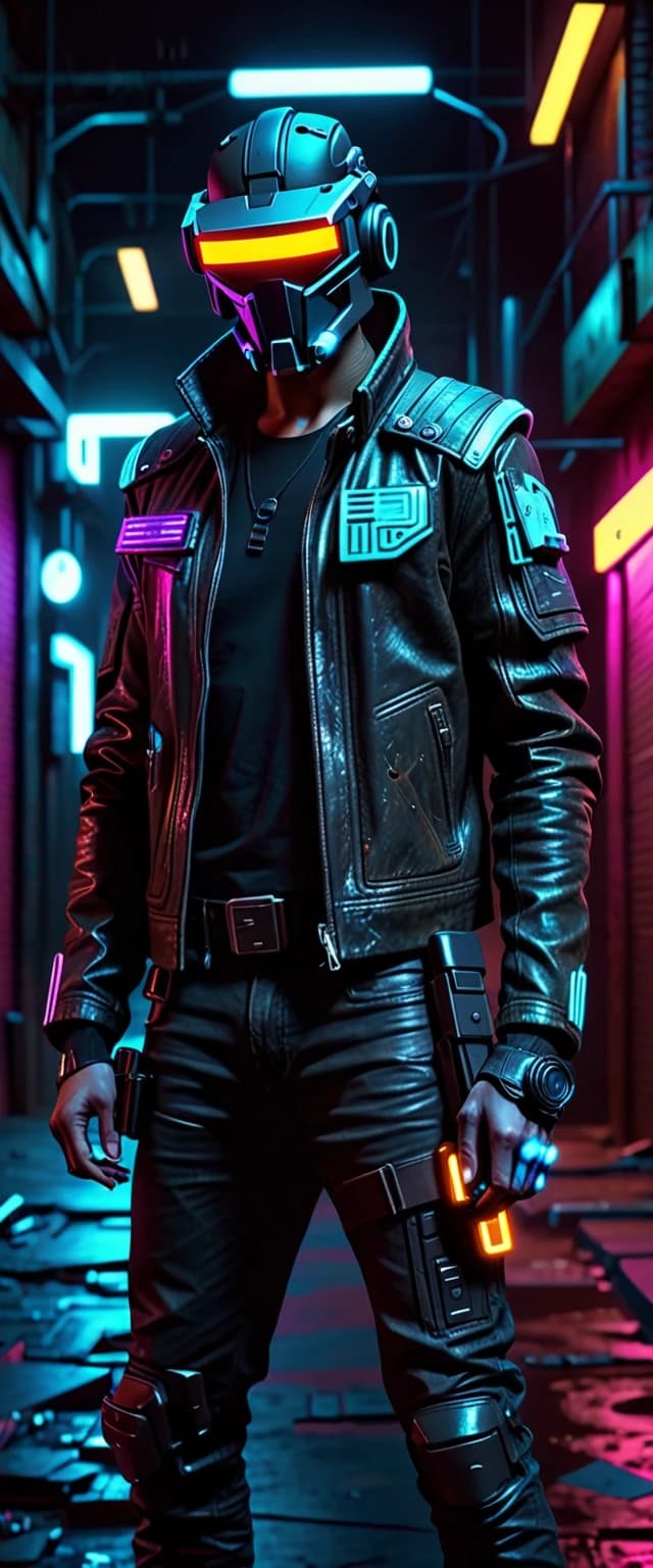 A cinematic shot of a futuristic bounty hunter, cyberpunk style, neon lighting, holding a high-tech tracking device, wearing a weathered leather jacket and a glowing visor, dark alley background, 8k resolution, photorealistic, highly detailed --ar 16:9