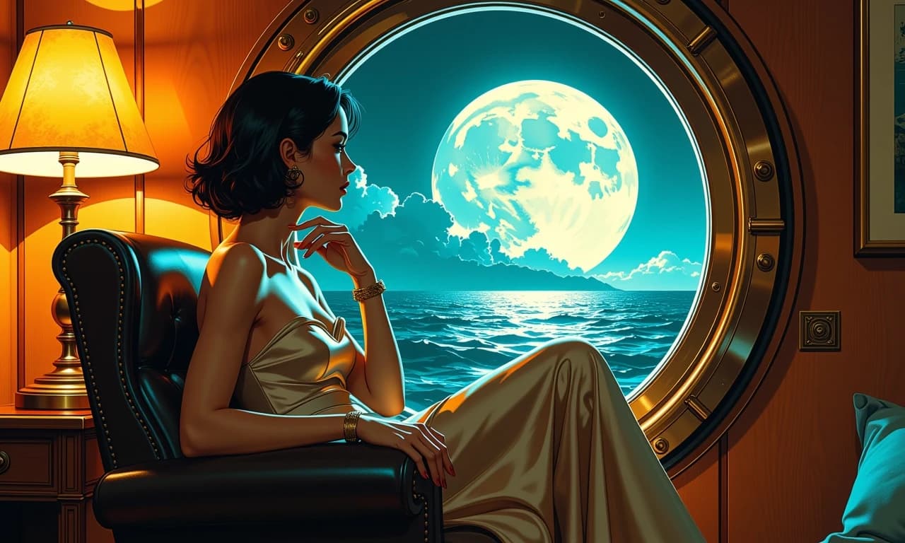 A masterpiece,  in the style of the 1980s, with bold lines, dynamic strokes and rich textures, on background with a touch of nostalgia, perhaps with subtle drawings inspired by cellulose and vintage, worn textures similar to paper,oil painting, Interior of a polished retrofuturistic cabin viewed through a round brass porthole, cinematic composition: an elegant woman with short wavy hair and long satin evening gown lounges in a leather armchair, elbow resting on the arm, gazing pensively out at an enormous full moon framed perfectly in the porthole above a misty ocean horizon. Warm, patterned amber lamp light casts intricate shadows on the cabin wall and her gown, while cool moonlight floods through the window creating strong rim lighting and deep blue highlights on metal rivets and leather texture. Art Deco and 1940s glamour fused with sci‑fi elements, richly detailed materials — brushed brass, riveted steel, glossy leather, silk folds, soft gloves. Moody, wistful atmosphere, high contrast teal and orange grading, subtle film grain, shallow depth of field with crisp focus on her profile and the moon, soft bokeh in foreground, volumetric haze over the sea, dramatic low-angle perspective, balanced left-third subject placement with the porthole centered, photorealistic textures, high resolution, hyperdetailed lighting and reflections.