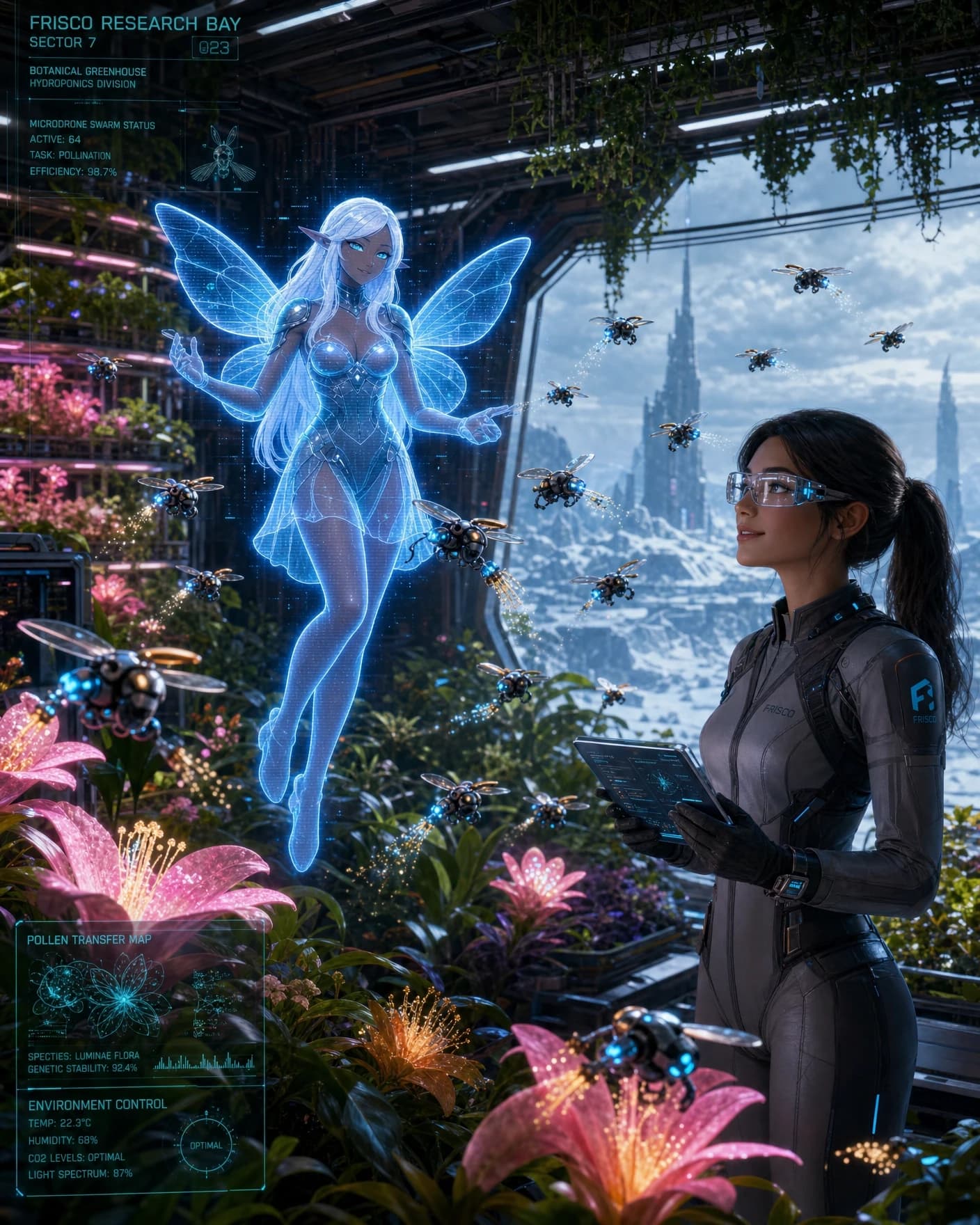 A detailed sci-fi concept art of a futuristic botanical greenhouse inside the Frisco Research Bay. Inside is a lush oasis with vertical hydroponic farms, glowing alien flowers, and dense green vegetation under soft pink and warm white grow lights. FRISCO's holographic AI avatar, a glowing blue digital fairy, hovers in the center. She controls a swarm of tiny pollinator drones the size of a human. The microdrones are equipped with precise electrostatic brushes that carefully collect and transfer glowing pollen from the flowers. Beside her, a female scientist in a lightweight tech suit and smart glasses holds a tablet with data, smiling and observing the process. In the background, a huge panoramic window offers a view of the frozen, snow-covered alien landscape outside. Cinematic lighting, intricate details, UI overlays, artbook style, high-tech sci-fi. --ar 4:3