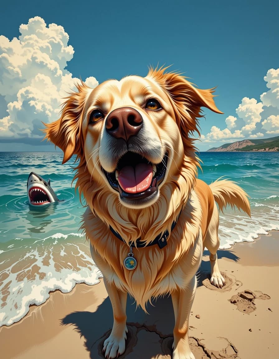 A masterpiece,  in the style of the 1980s, with bold lines, dynamic strokes and rich textures, on background with a touch of nostalgia, perhaps with subtle drawings inspired by cellulose and vintage, worn textures similar to paper,oil painting, A cute husky dog was taking selfies in the sea when suddenly a shark was right behind it, looking at it. The Golden Retriever saw a shark from the selfie,its expression stunned with fear, fisheye shot