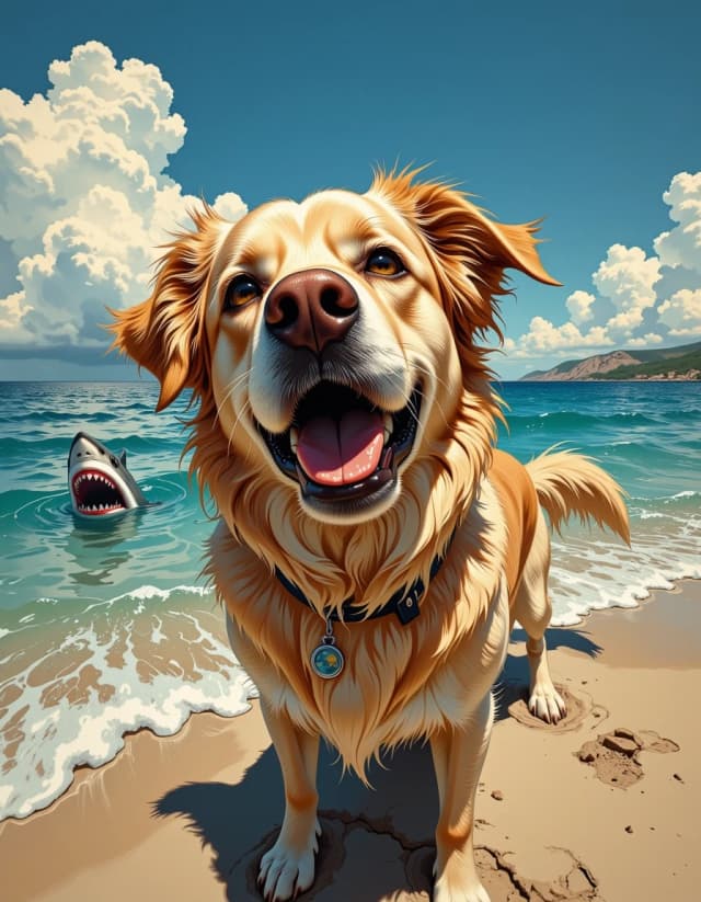 A masterpiece,  in the style of the 1980s, with bold lines, dynamic strokes and rich textures, on background with a touch of nostalgia, perhaps with subtle drawings inspired by cellulose and vintage, worn textures similar to paper,oil painting, A cute husky dog was taking selfies in the sea when suddenly a shark was right behind it, looking at it. The Golden Retriever saw a shark from the selfie,its expression stunned with fear, fisheye shot