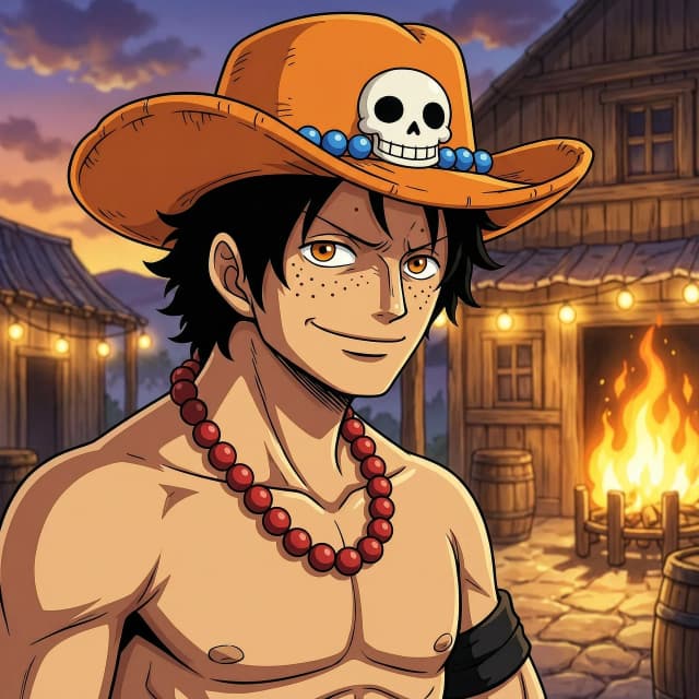 Portrait of Portgas D. Ace from One Piece, anime style, high quality, detailed digital art. Young man with messy wavy black hair, freckles across his cheeks and nose, confident relaxed smirk. Orange cowboy hat with a smiling skull and blue bead pendants. Shirtless with muscular build, red beaded necklace, black wristband. Warm amber eyes with a hint of hidden sadness. Dramatic lighting, warm orange and golden tones, soft glow of fire in the background. Port town at dusk, blurred tavern lights behind him. Half-body shot, looking slightly off to the side. Cinematic composition, vibrant colors, sharp details, anime aesthetic, official art style, 4k, high resolution.