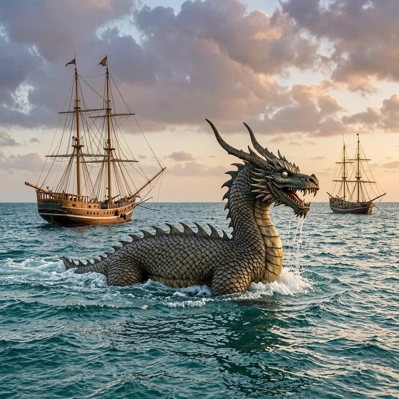 дракон купается в море корабли плавают