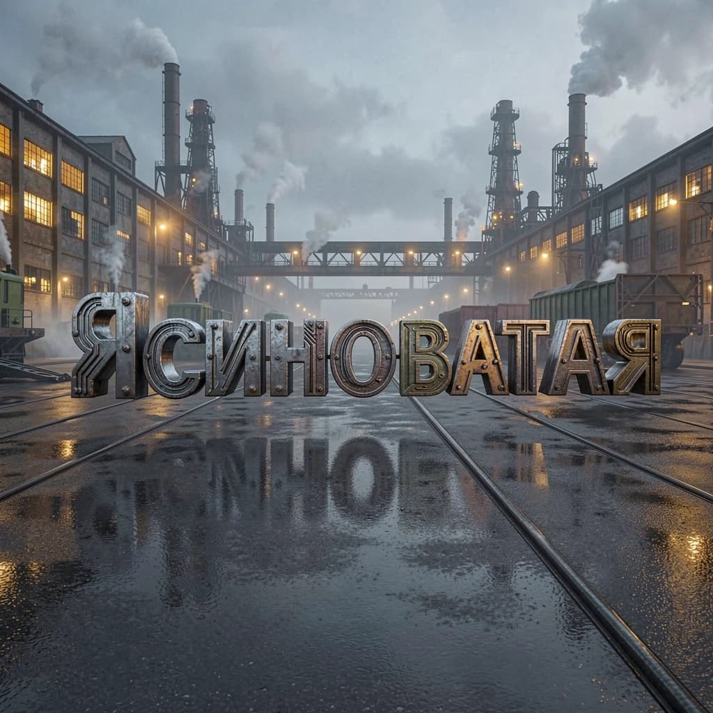 Создай композицию: слово «Ясиноватая» в выразительном леттеринге, где каждая буква несёт черты заводской эстетики — металлические пластины, крепёжные элементы, технологические узоры. Буквы выглядят как часть архитектурного ансамбля. На заднем плане — машиностроительный завод в сумерках: в окнах горит свет, из труб идёт лёгкий пар, на территории видны грузовые платформы и рельсы. Добавь атмосферу промышленного города: лёгкая дымка, отражения в мокром асфальте, приглушённые огни. Палитра — глубокие серые, синие, тёплые жёлтые тона. Стиль — кинематографичный арт, реалистичный, 8k, высокая проработка текстур.