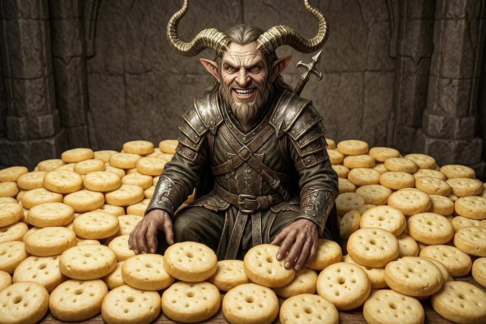 Sheogorath in his familiar appearance from The Elder Scrolls, surrounded by a huge number of cheese circles. Rejoices and grins at the same time. Соотношение сторон: 16:9