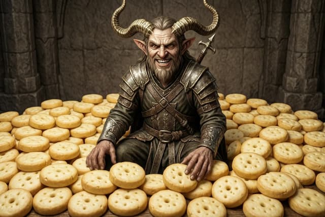 Sheogorath in his familiar appearance from The Elder Scrolls, surrounded by a huge number of cheese circles. Rejoices and grins at the same time. Соотношение сторон: 16:9