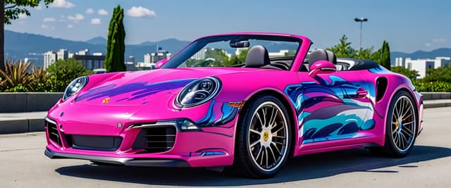 The anime-style Porsche 911 convertible, painted in bright pink (#480607) with indigo accents (#4B0082), always attracts attention, whether it's the hood, window, or front of the car.foreground.